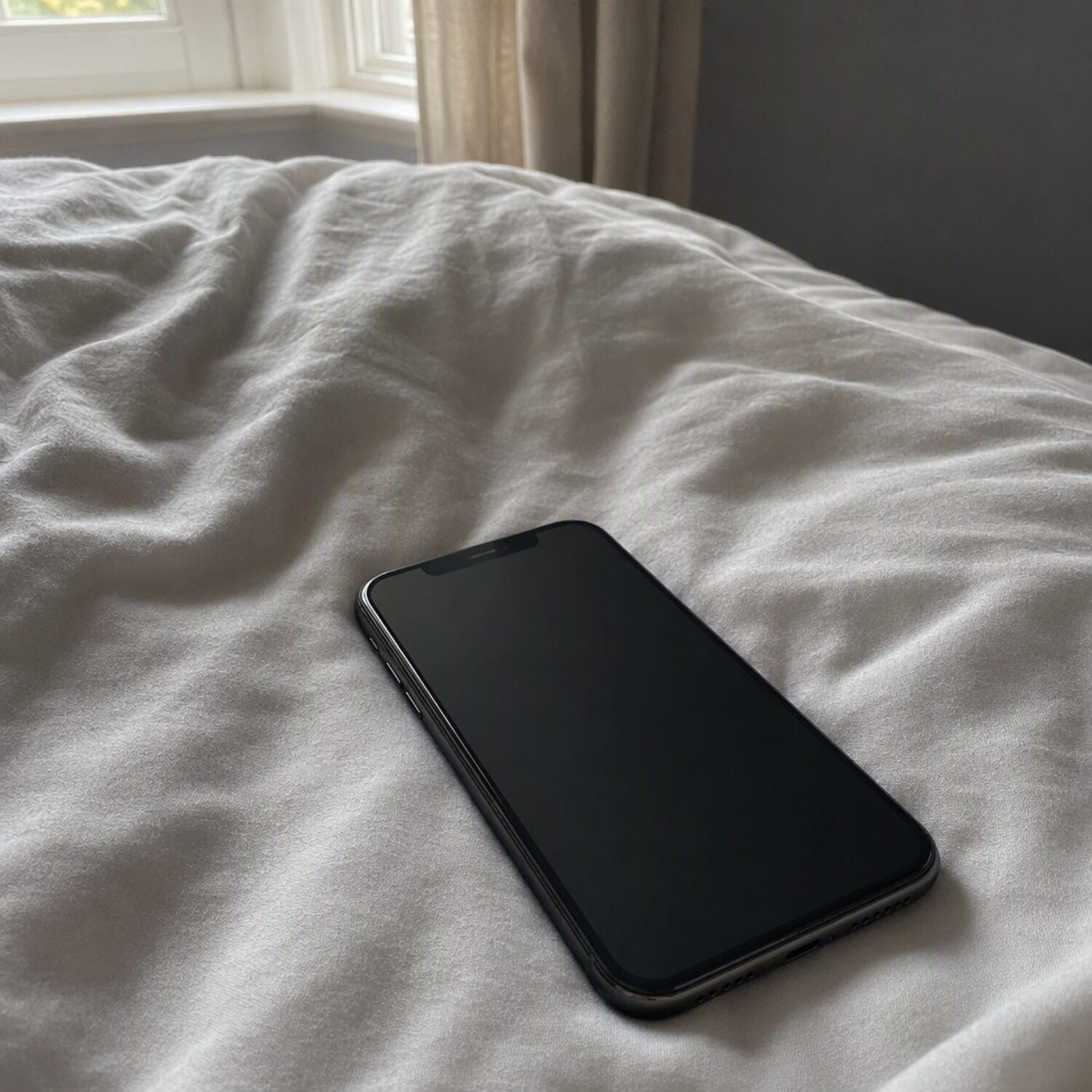 A phone face up on a duvet