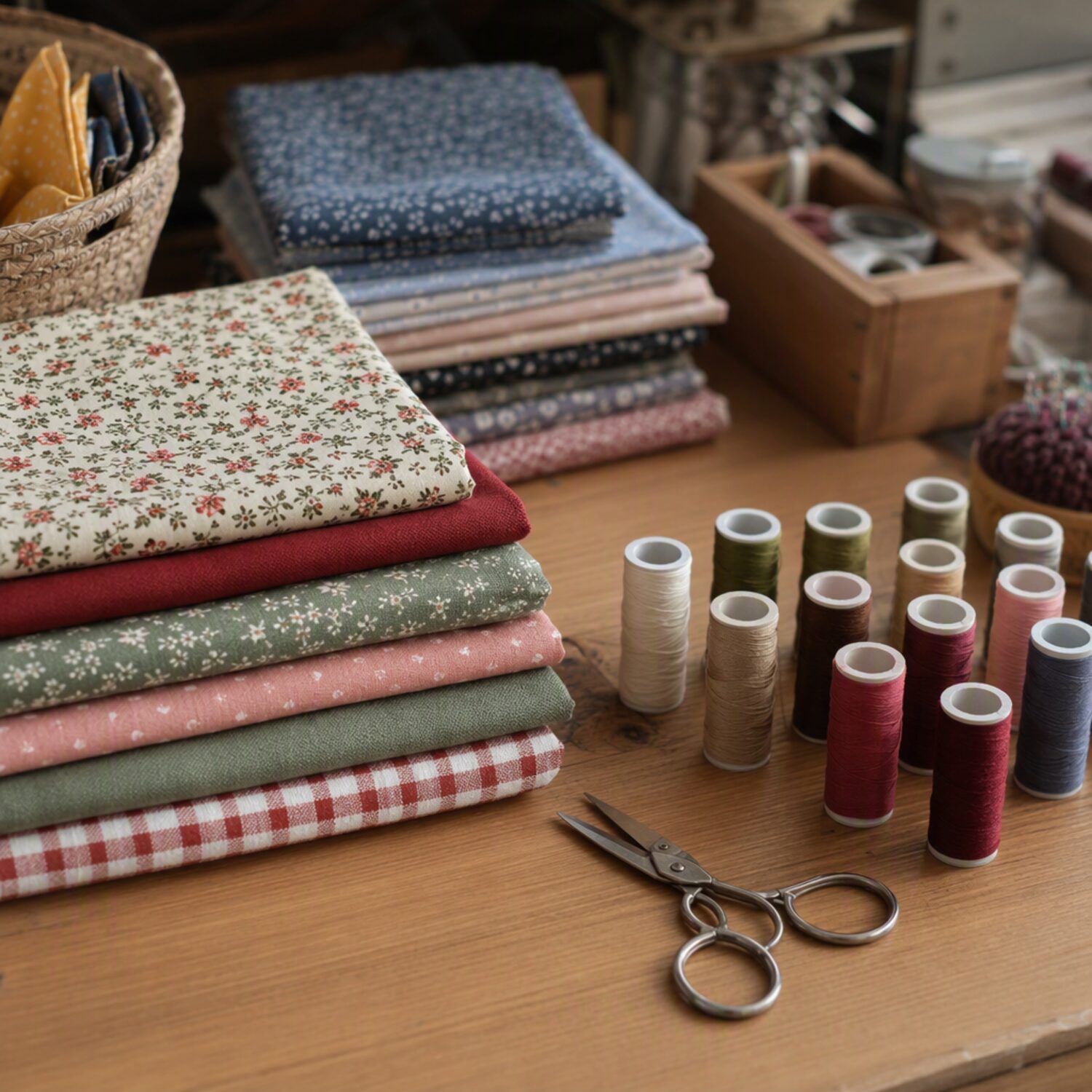 Fabric, thread and scissors on a craft table