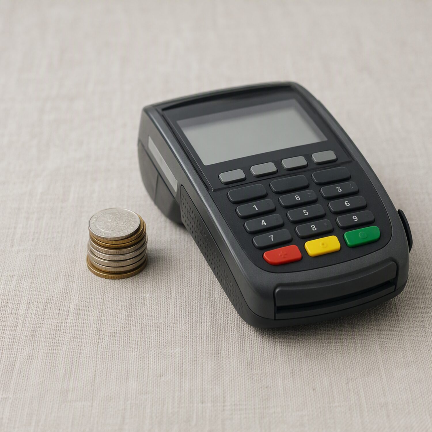 Coins beside a card reader on linen