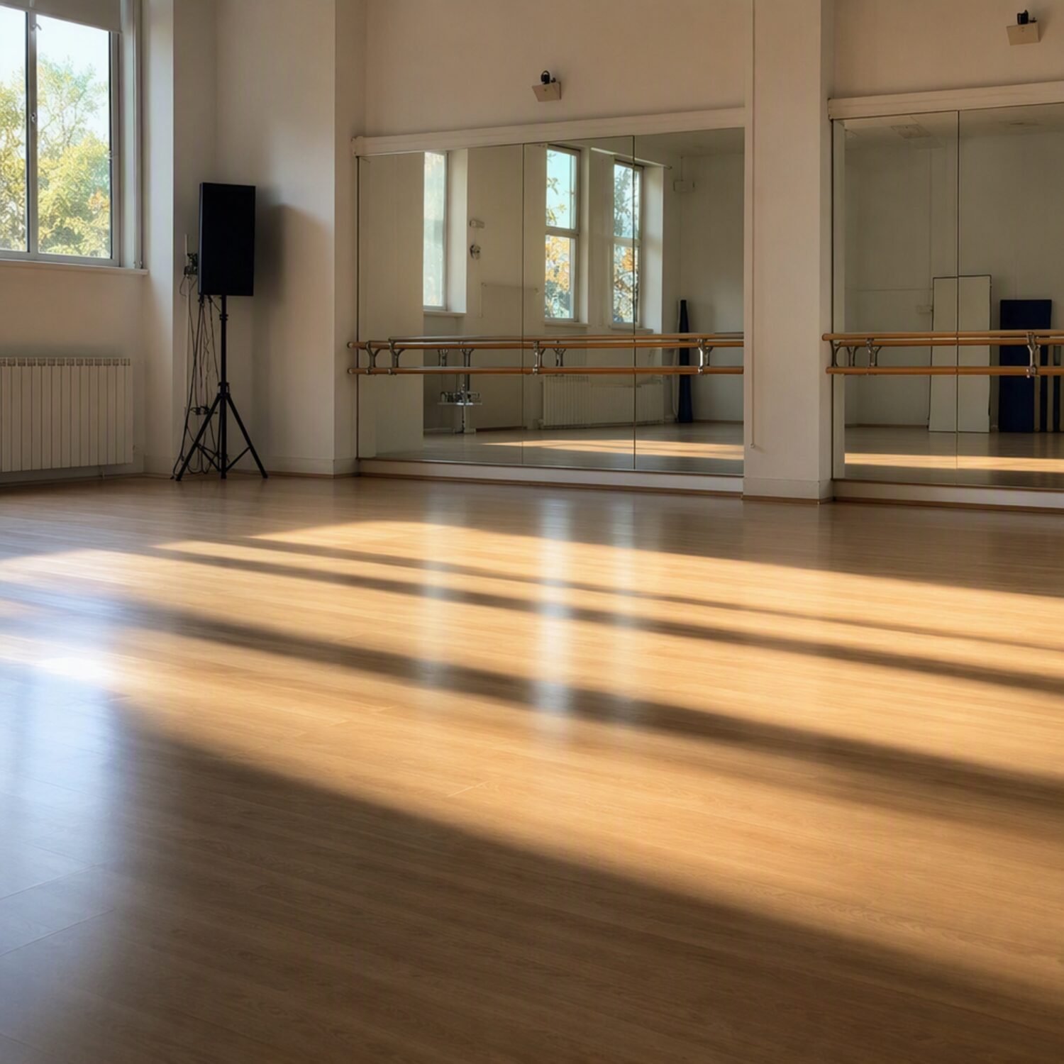 An empty dance studio with a mirrored wall