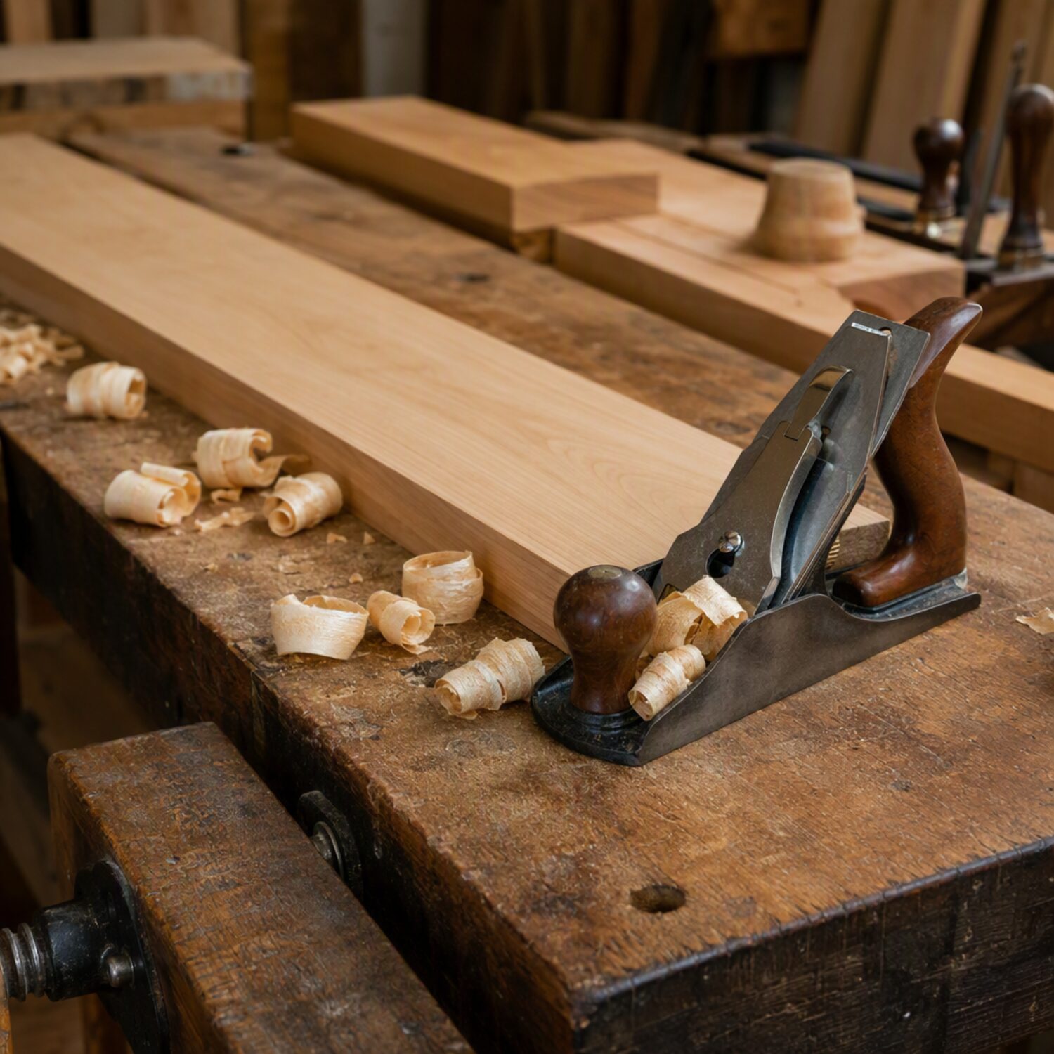 Planed timber and a hand plane on a bench