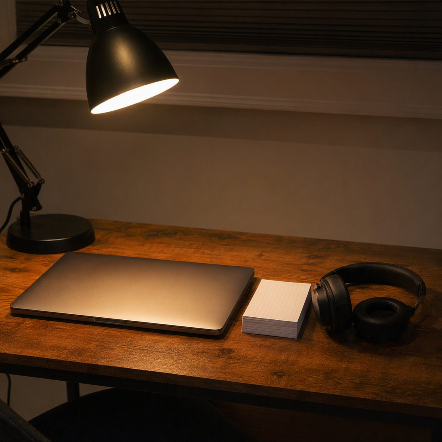 Index cards and headphones under a lamp