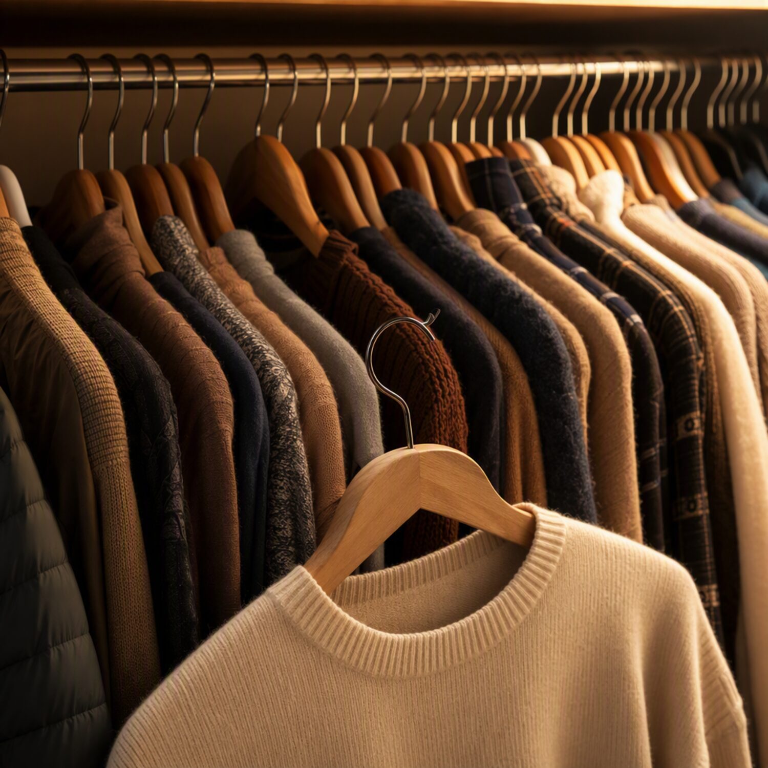 A clothing rail with one hanger pulled forward