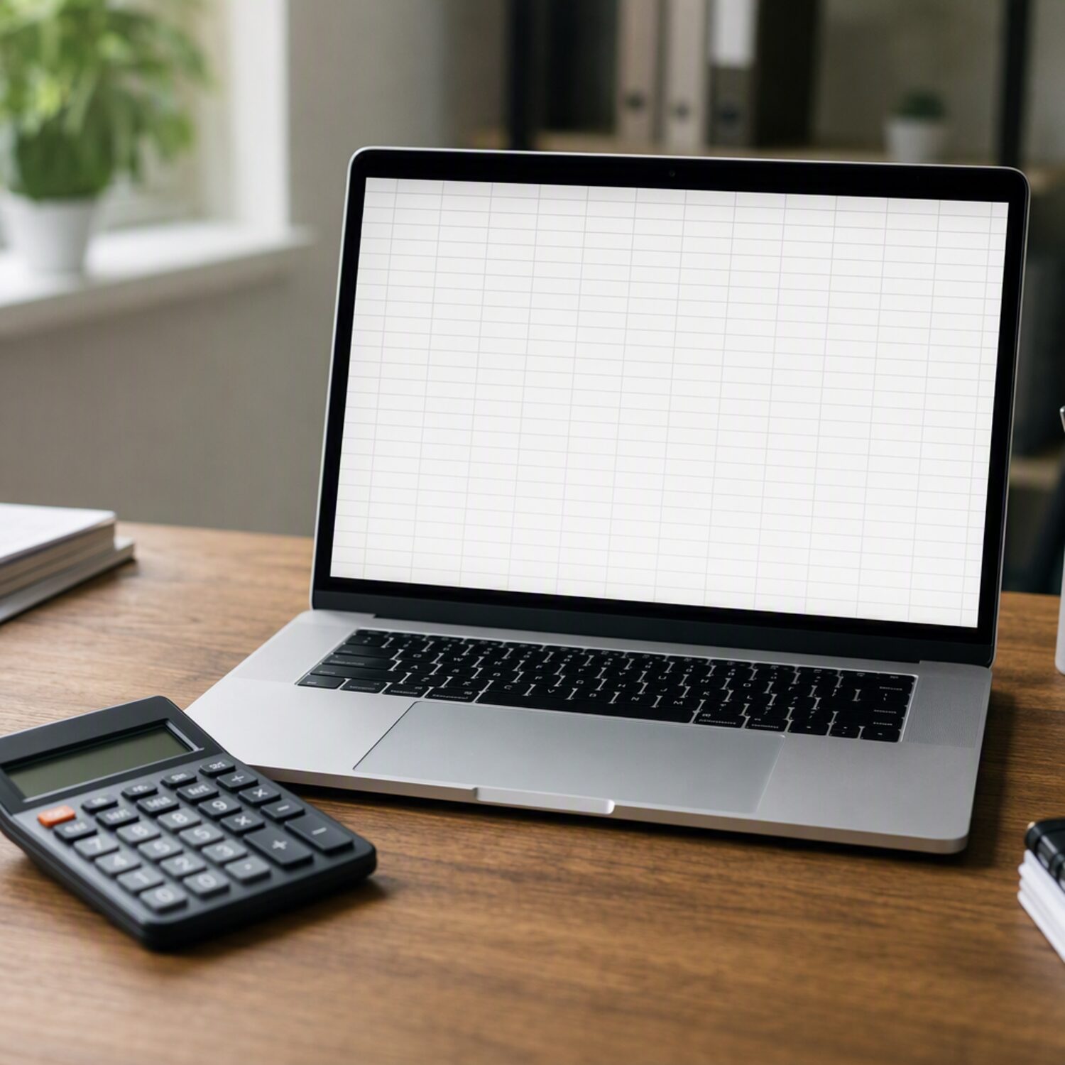 A laptop showing a blank spreadsheet grid