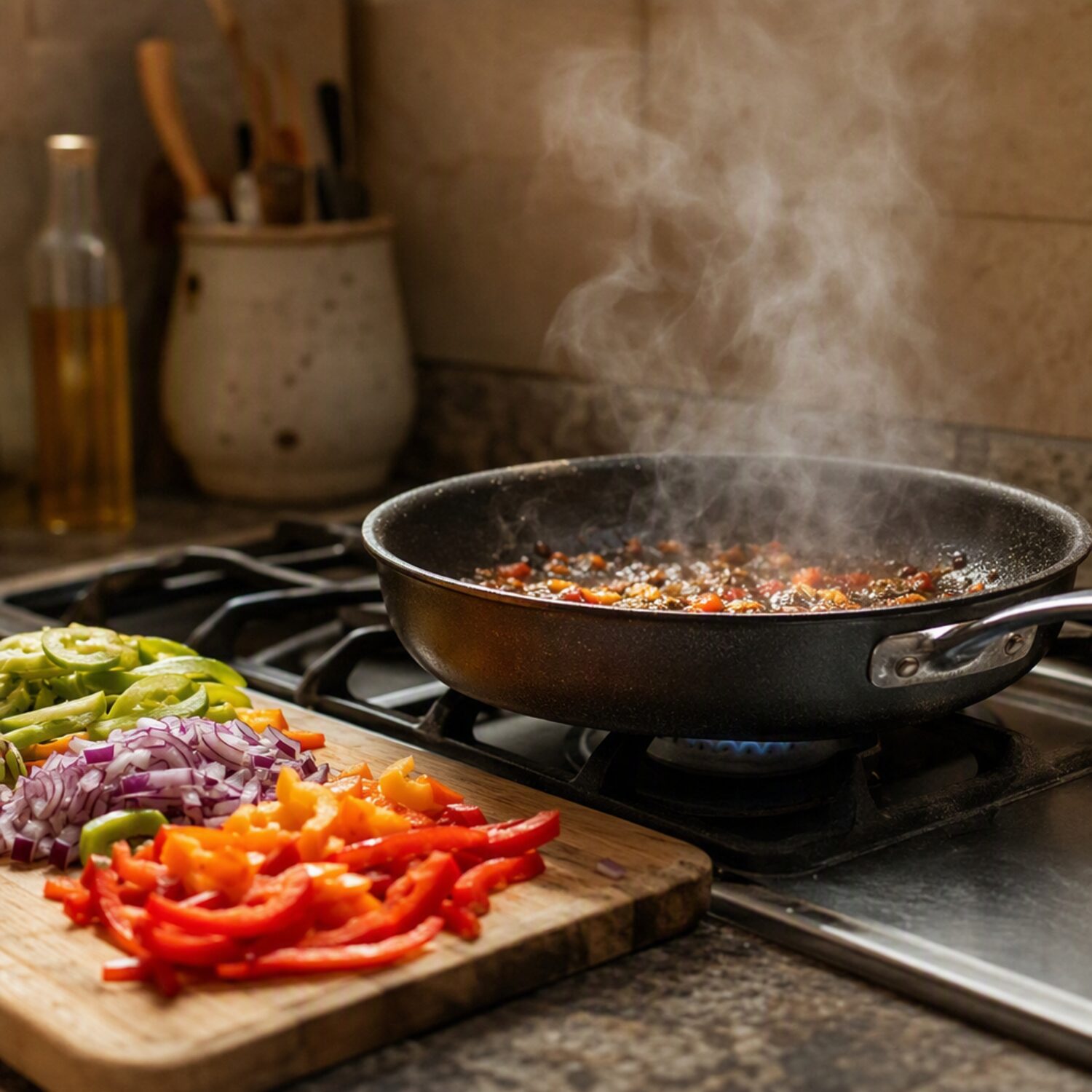 A pan on a hob beside chopped vegetables