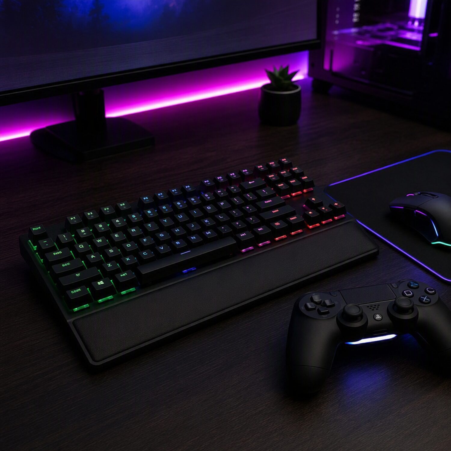 A gaming desk with keyboard and controller