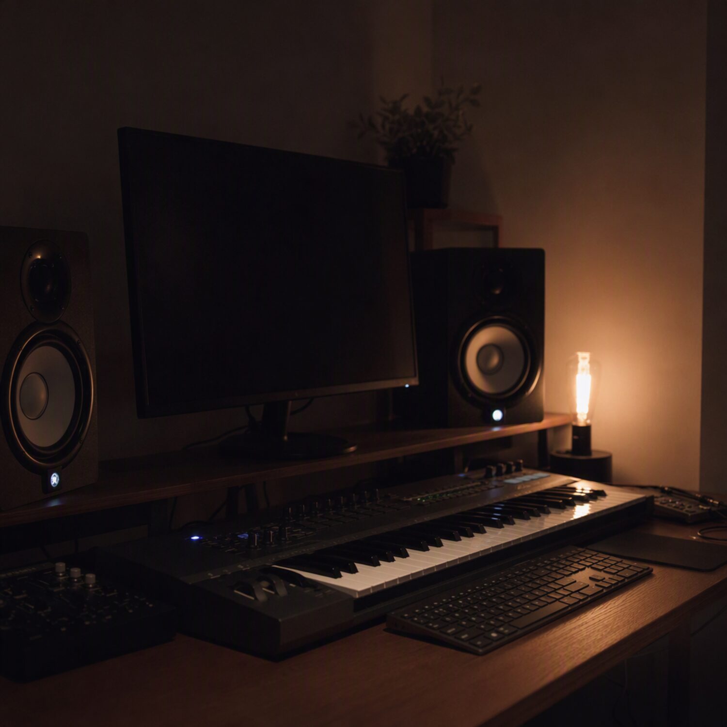 A midi keyboard and studio monitors