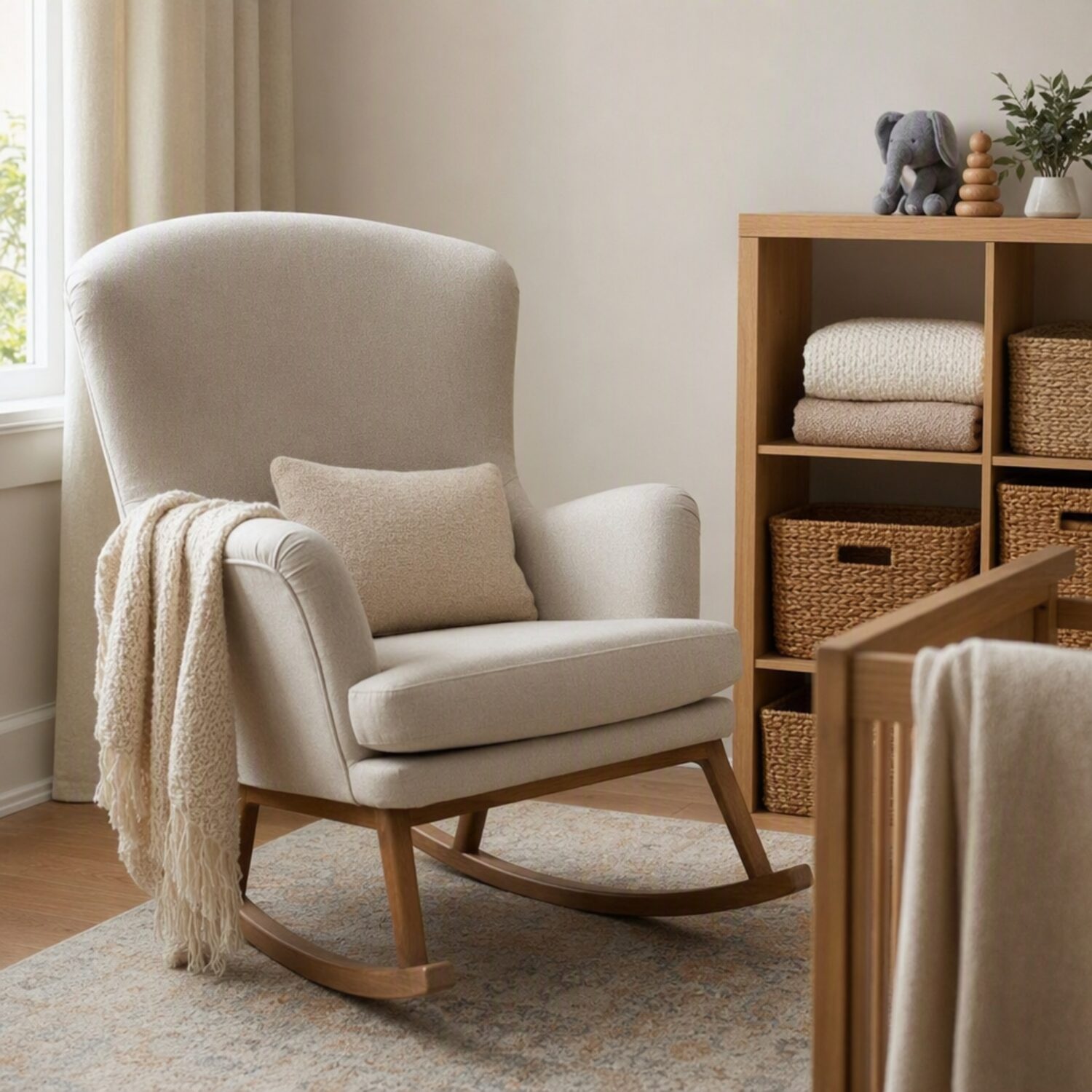 A nursery corner with a rocking chair