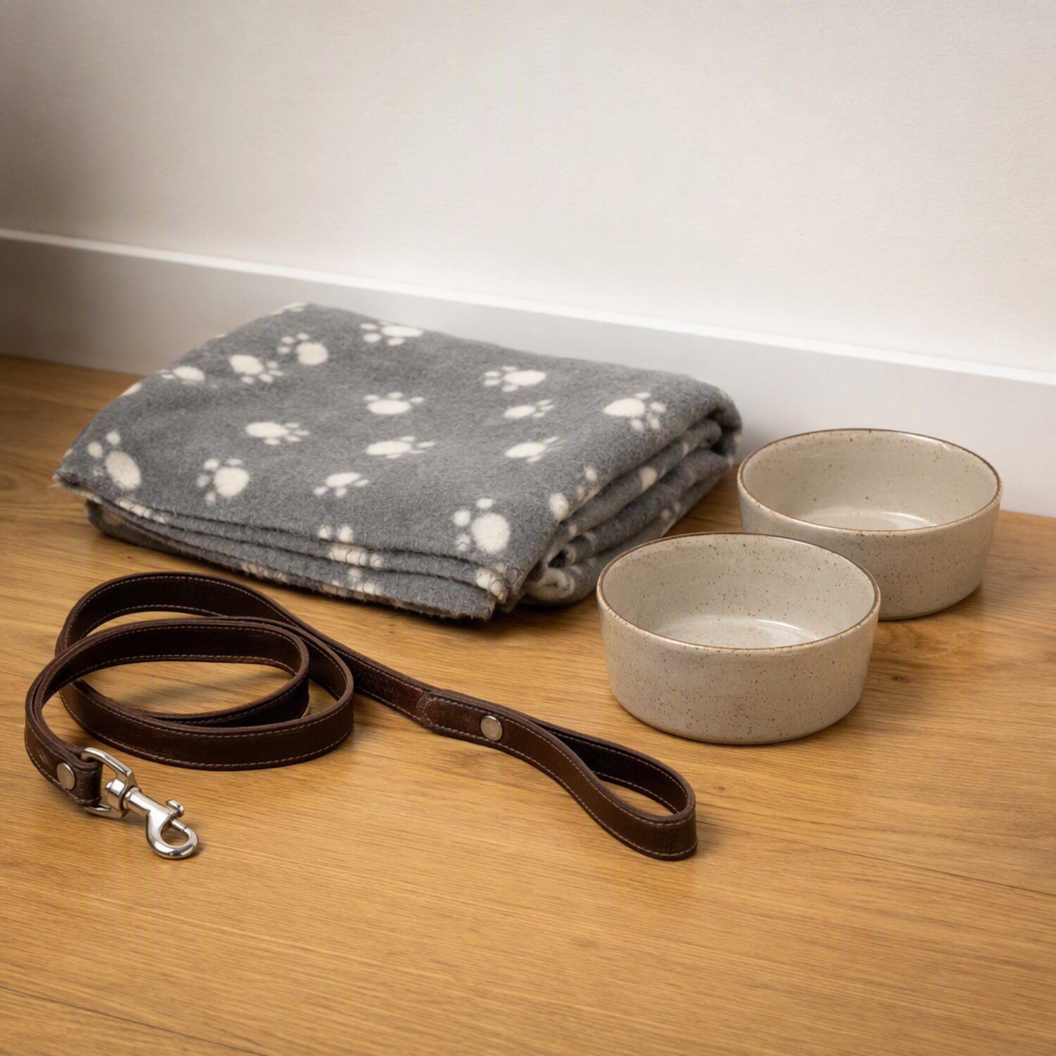 A lead and blanket beside pet bowls