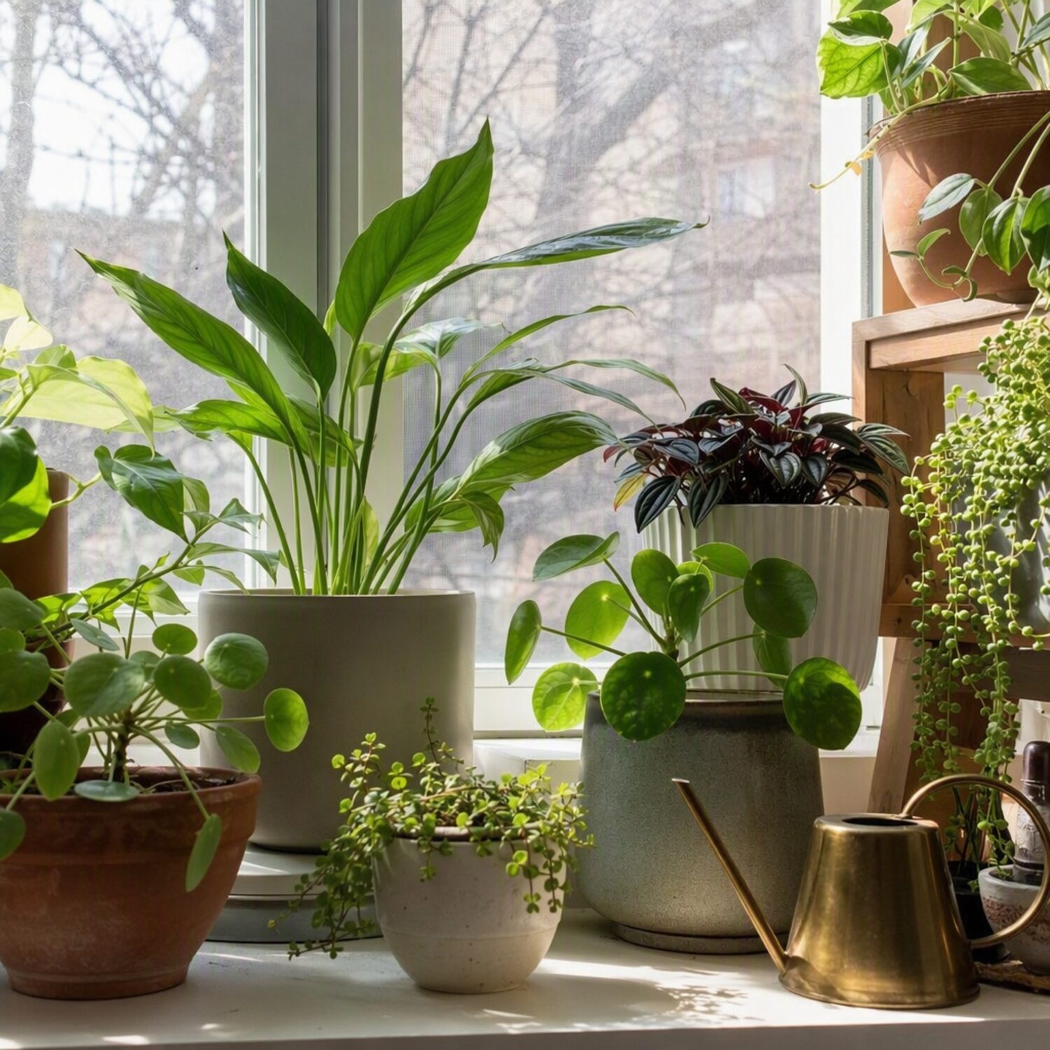 A windowsill crowded with houseplants