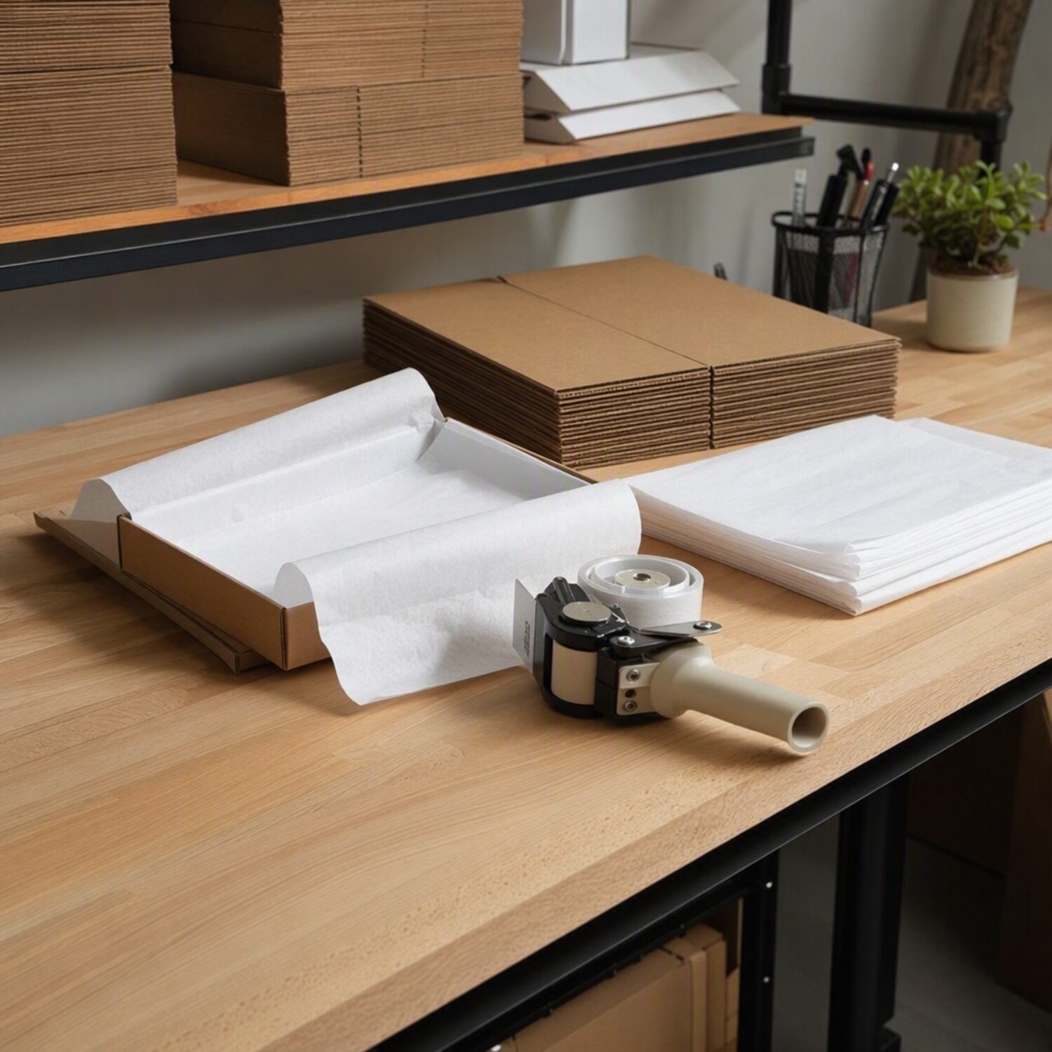 A packing bench with kraft boxes