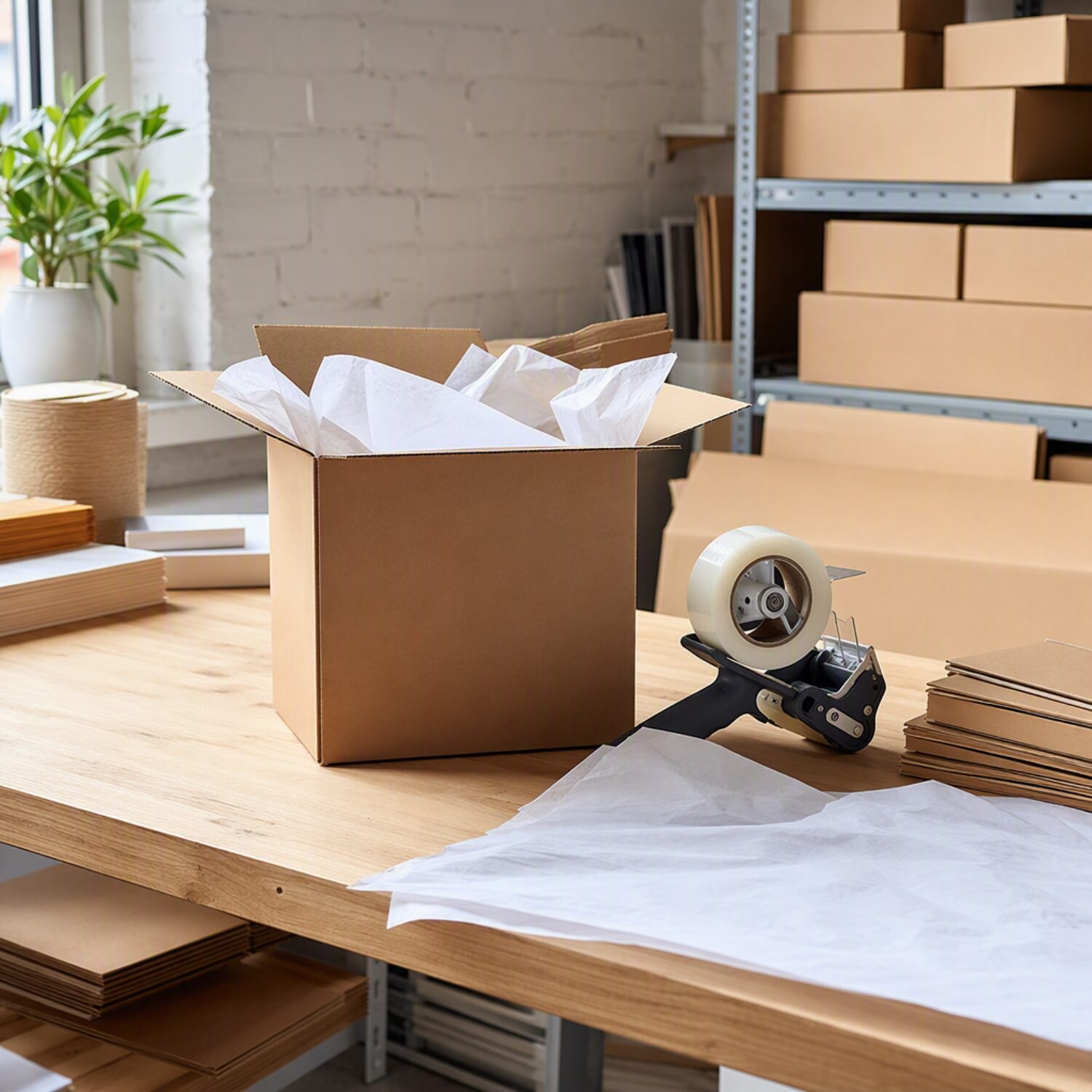 A packing bench with boxes and tape