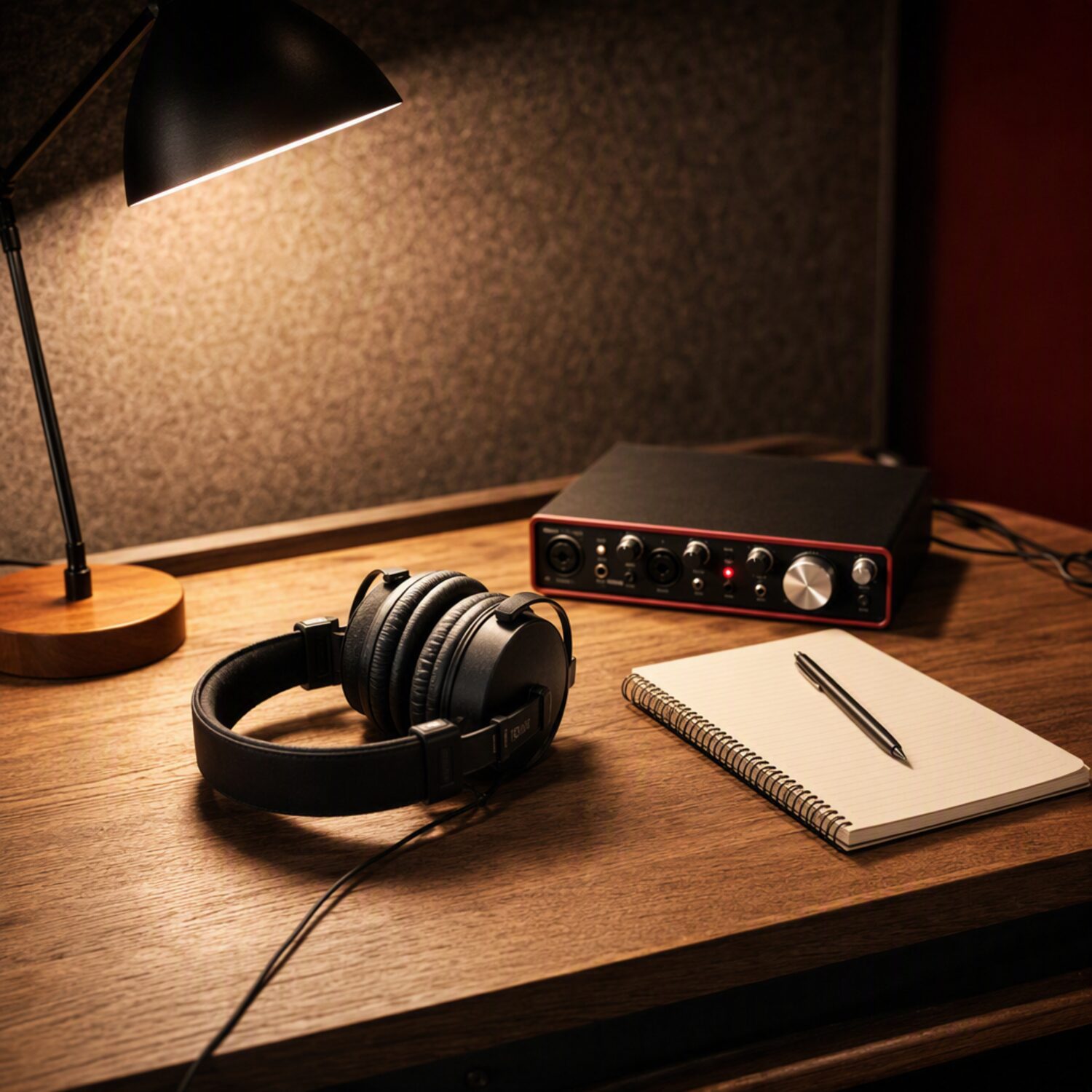 Headphones and an audio interface on a desk