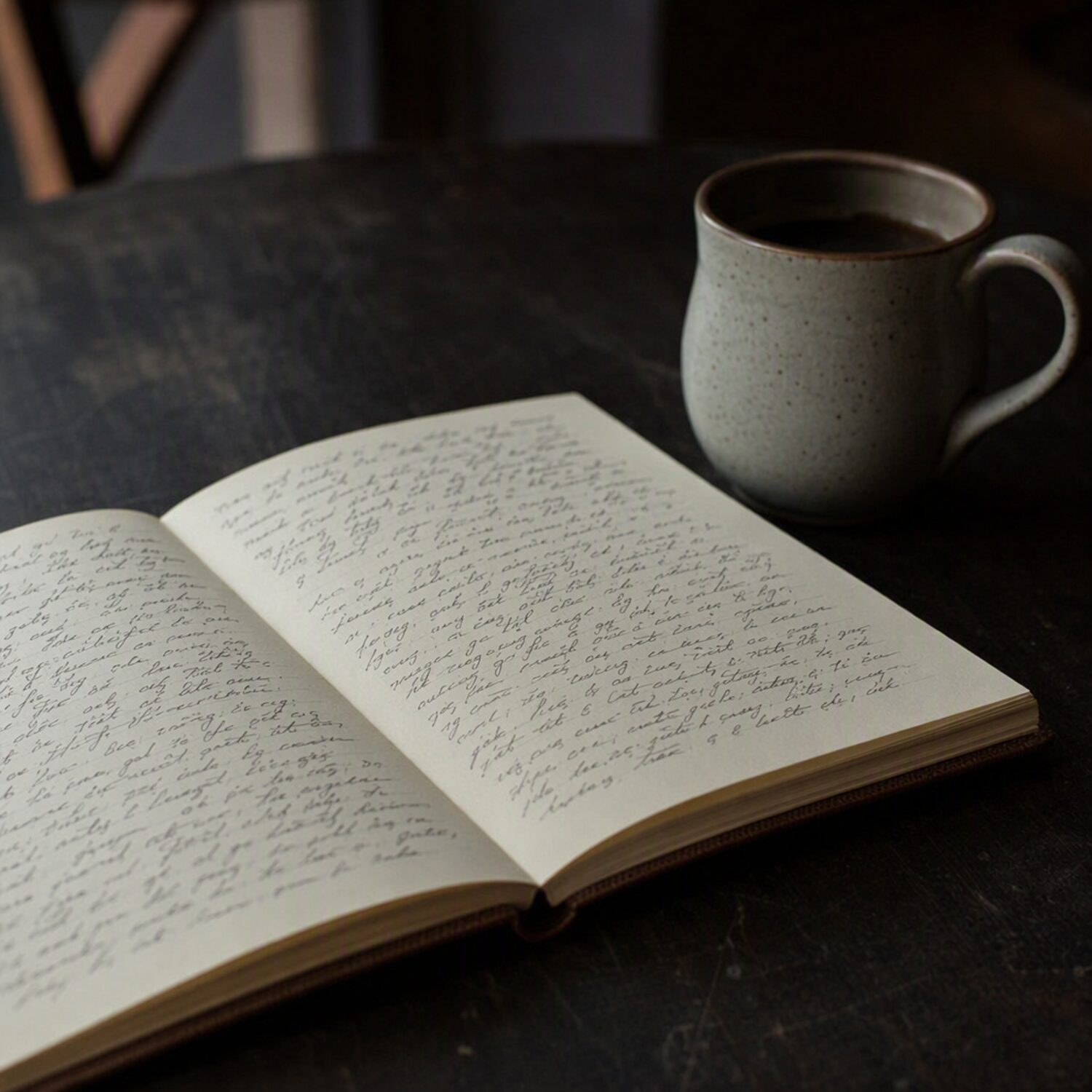 An open handwritten notebook beside a mug