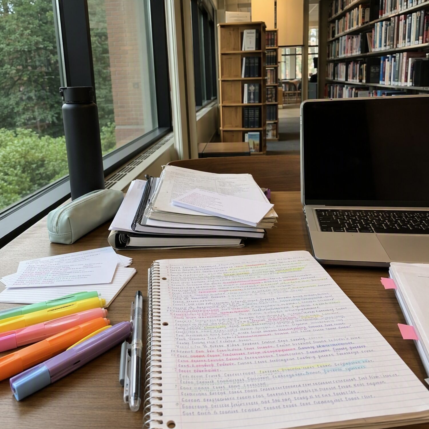 Handwritten notes and highlighters on a desk