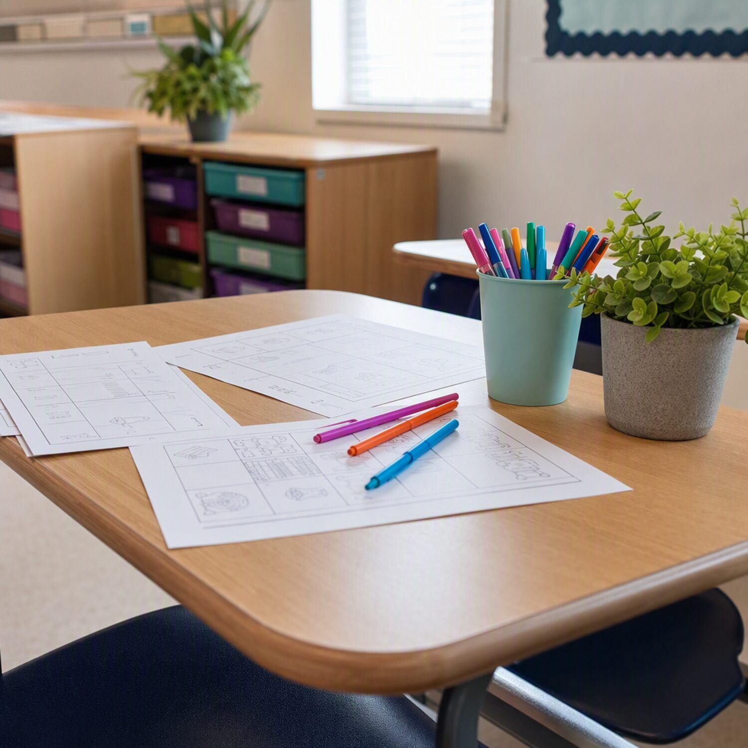 Worksheets and pens on a classroom desk