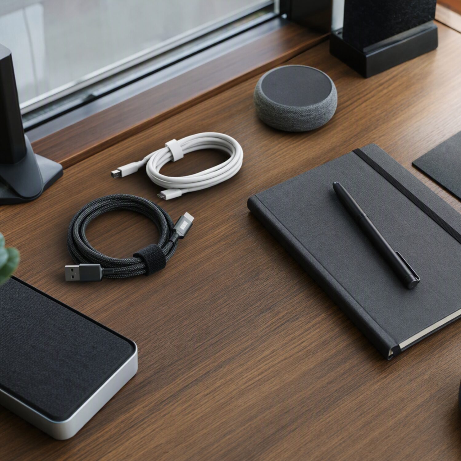 Coiled cables and a gadget on a desk
