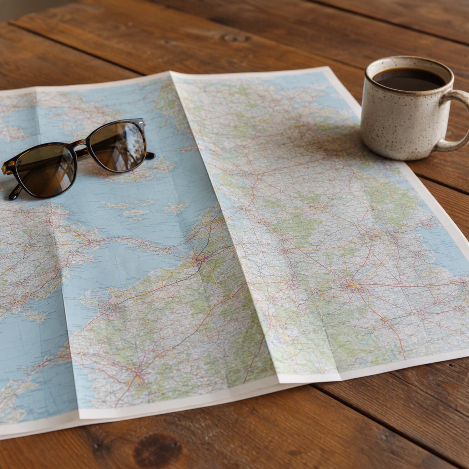 An open map with sunglasses and coffee