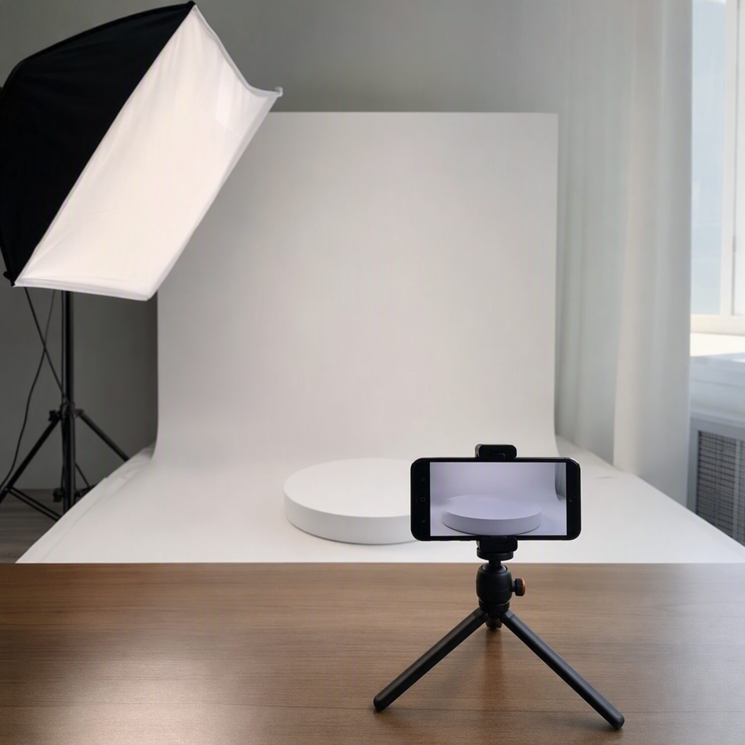 A phone on a tripod aimed at a product stage