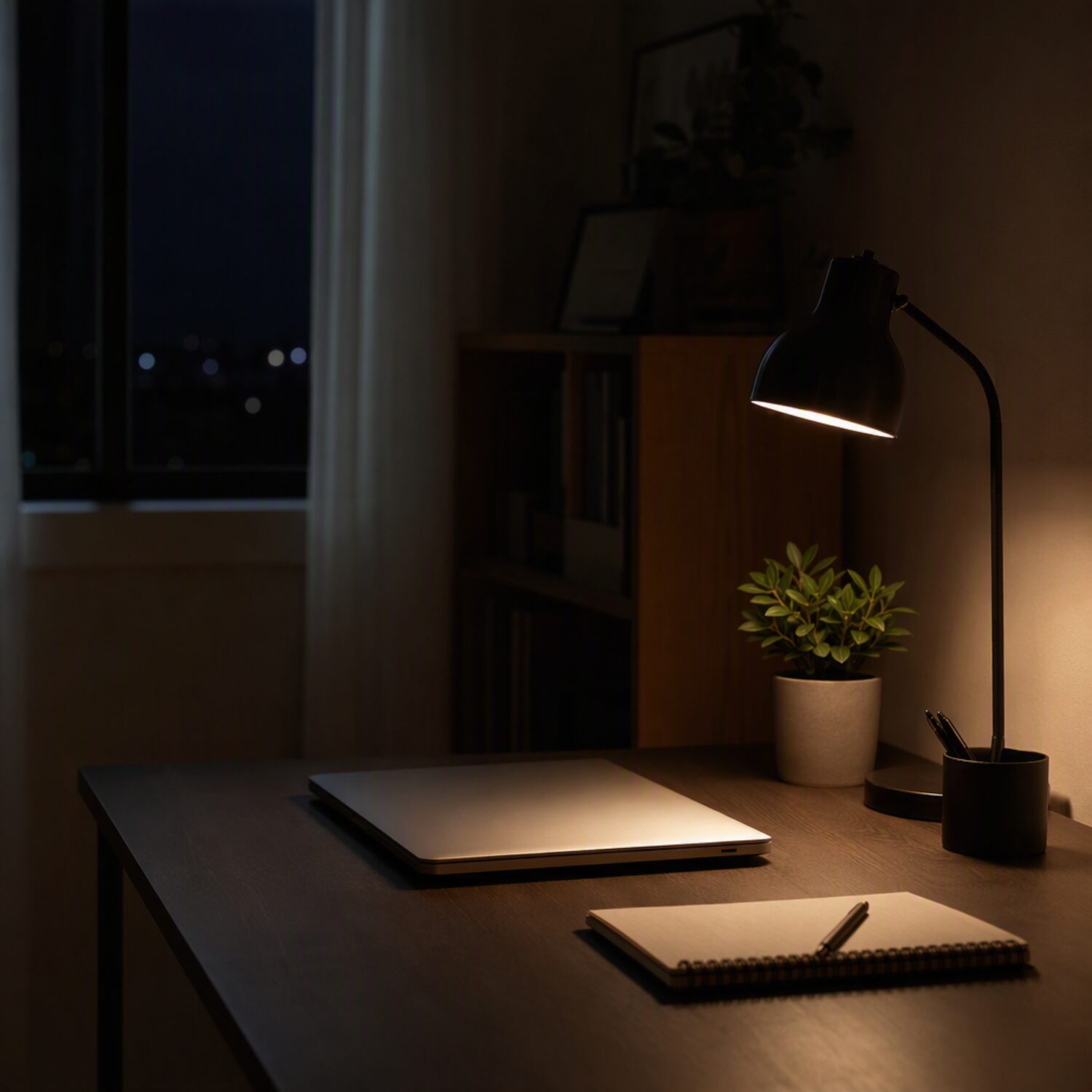 A closed laptop and notebook under a lamp