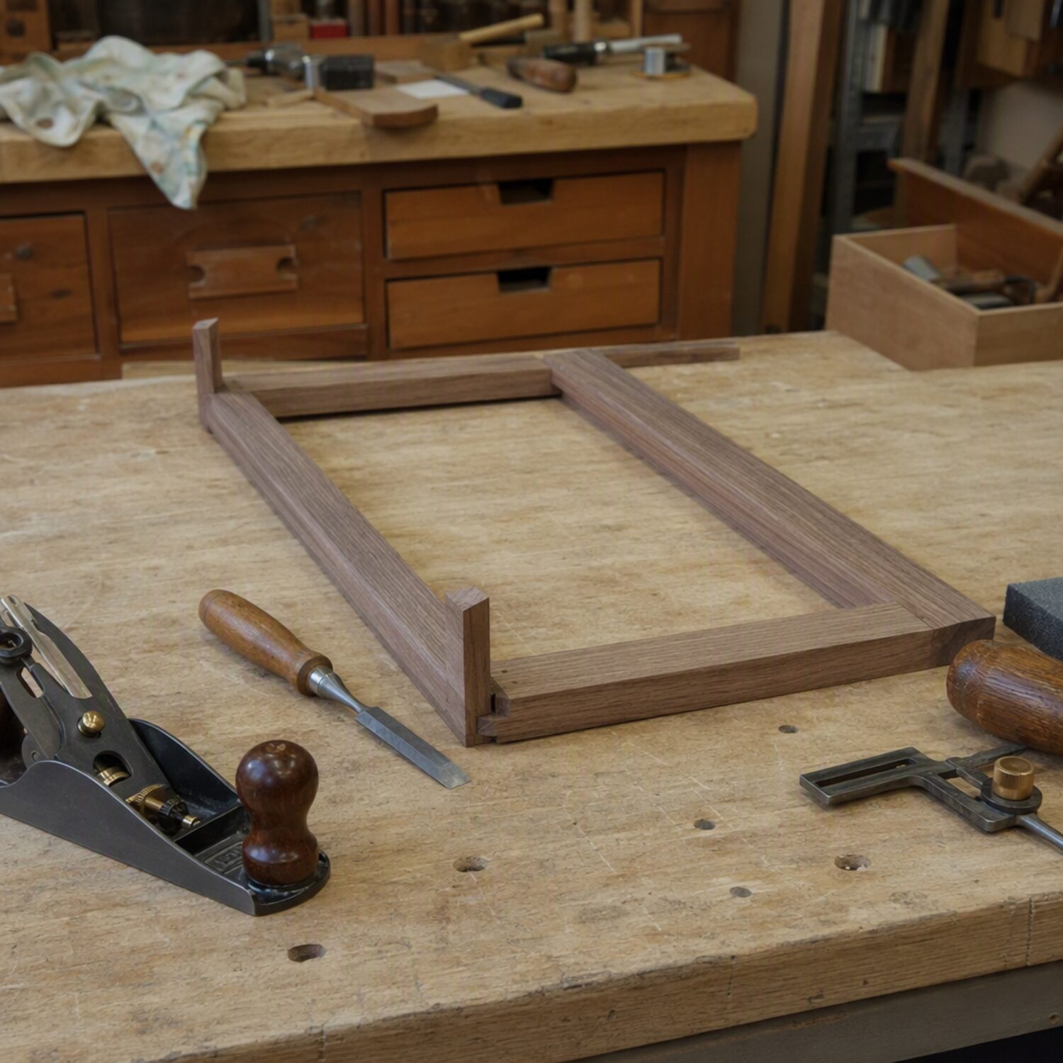 Tools and a half-finished frame on a workbench