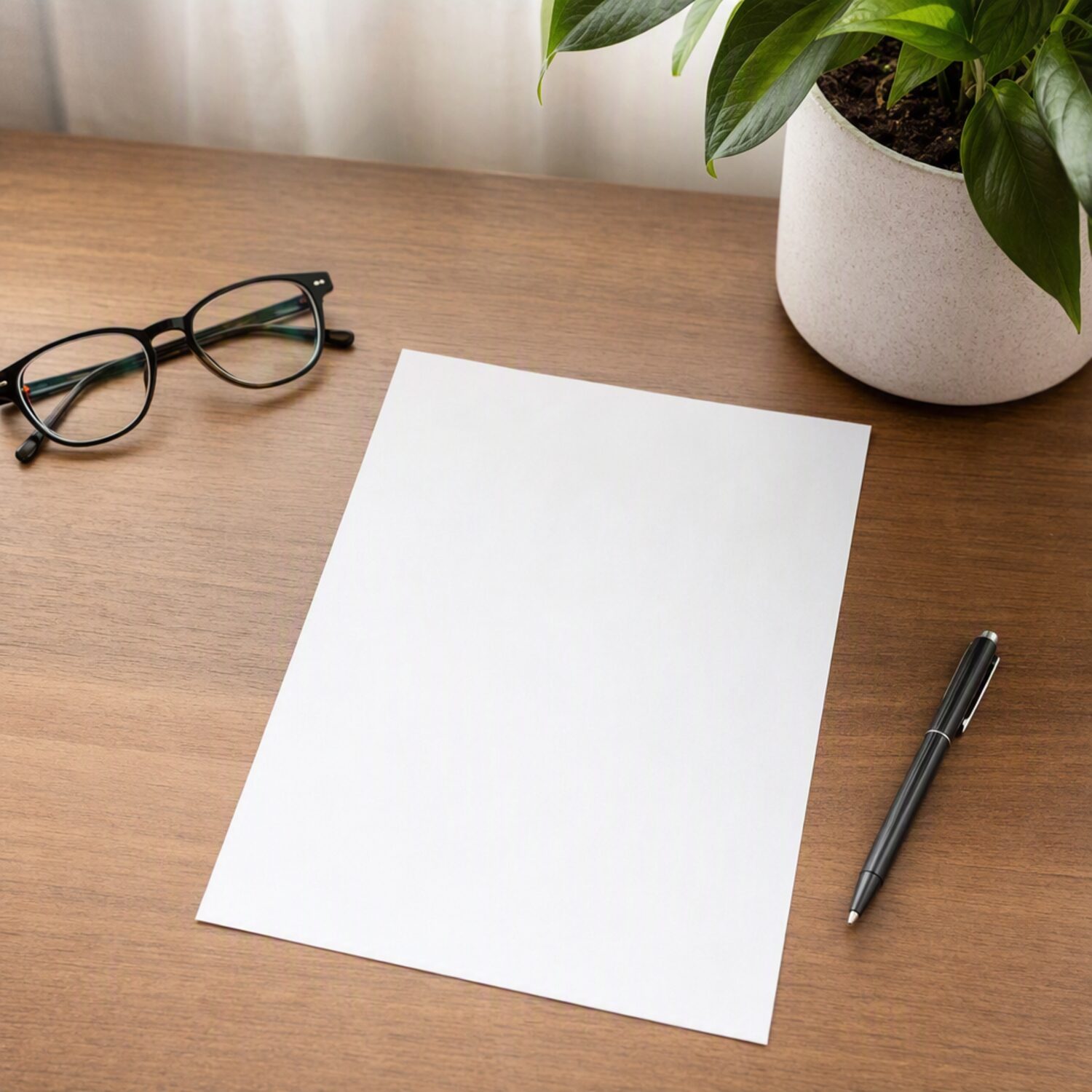 A blank sheet, glasses and a pen