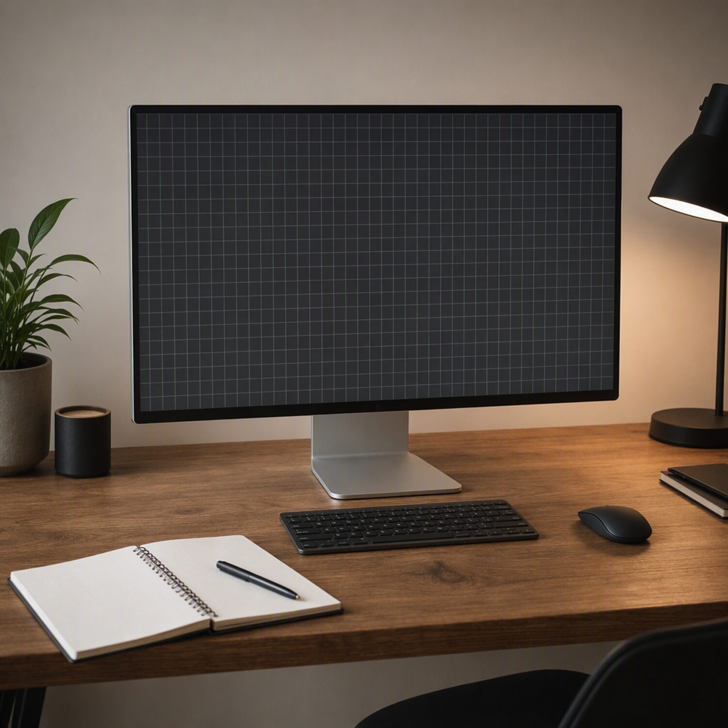 A monitor showing a blank wireframe grid