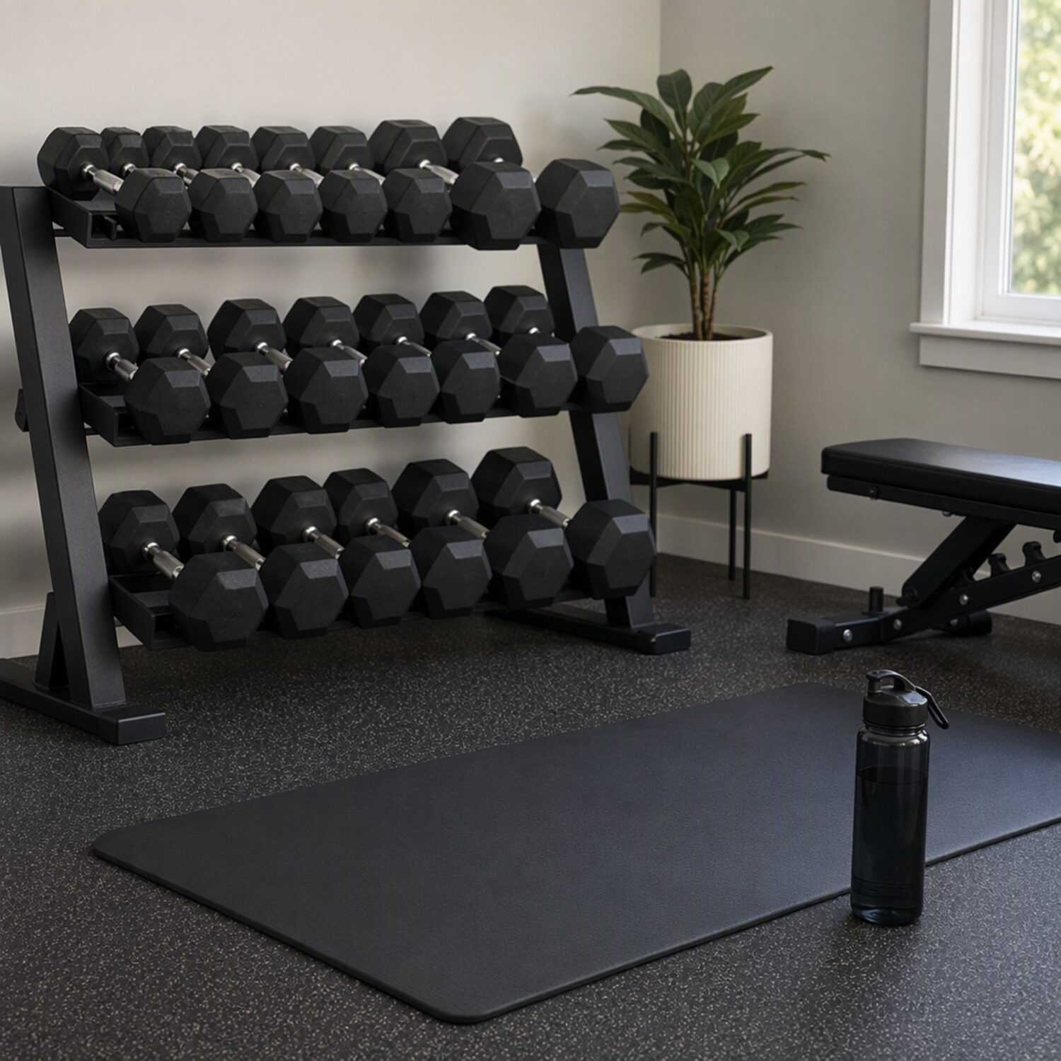 A home gym corner with dumbbells