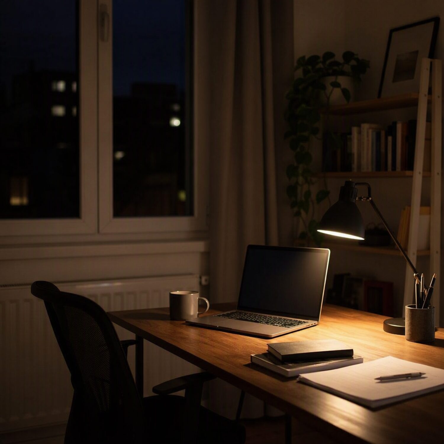 A laptop on a desk under a lamp at night