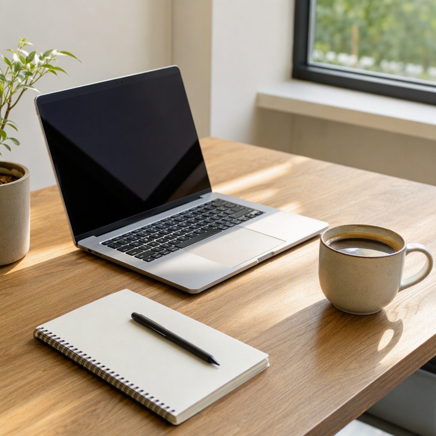 A laptop and notebook on a tidy desk