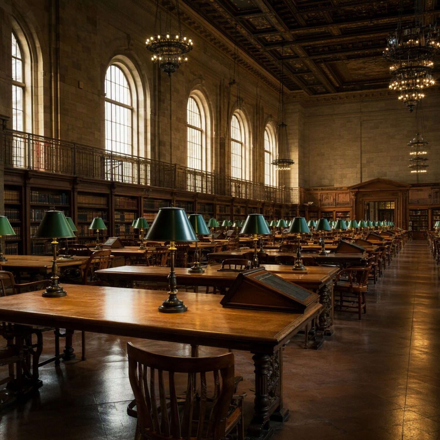 A library reading room with green lamps