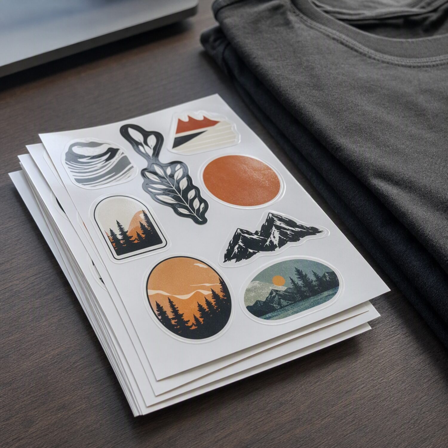 Sticker sheets beside a folded shirt