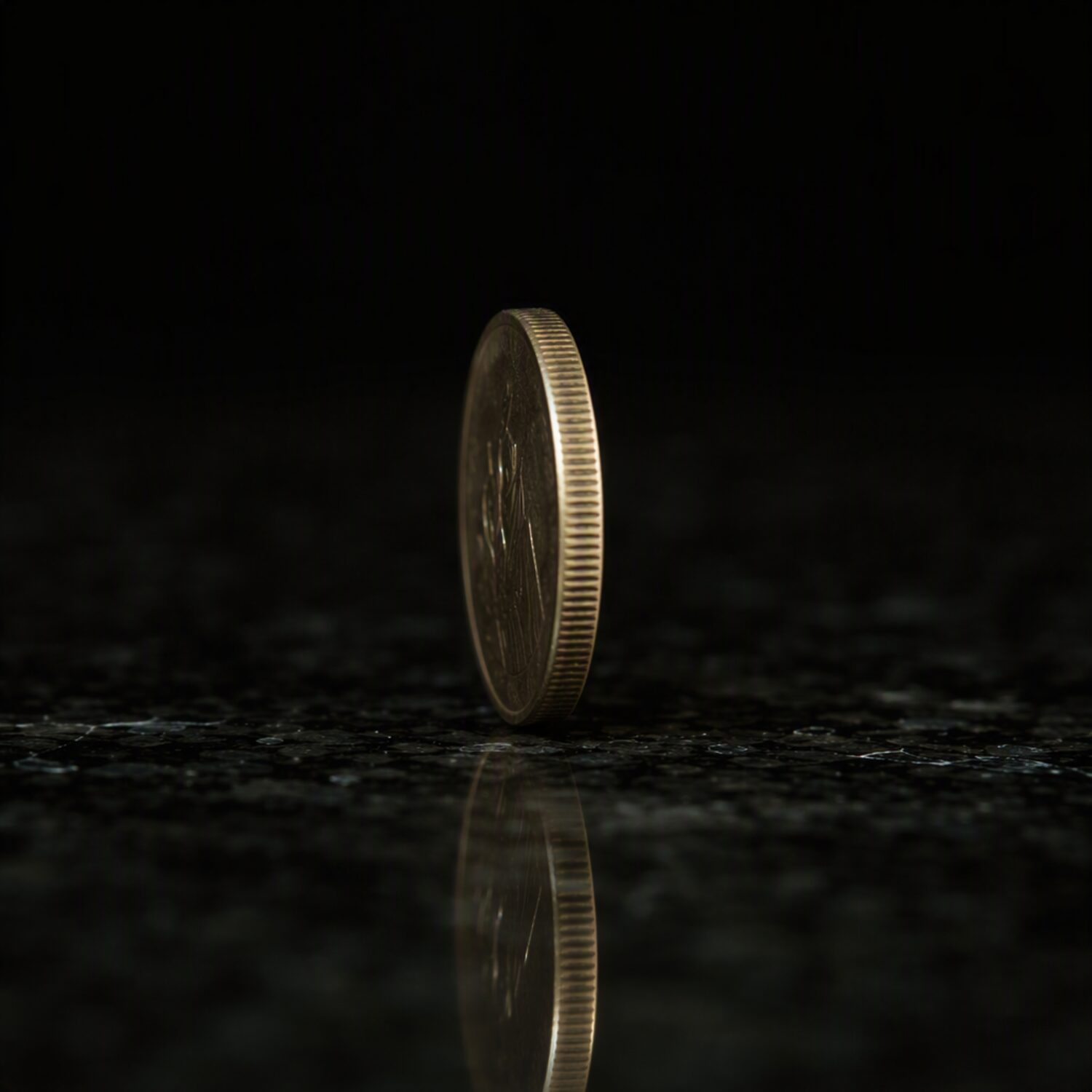 A coin standing on edge on a dark surface