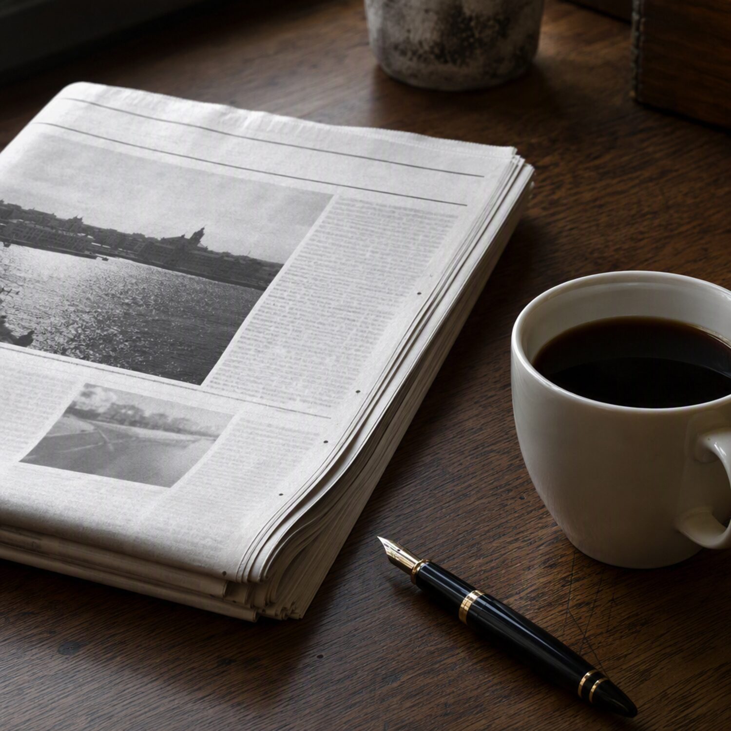 A folded newspaper beside coffee and a pen
