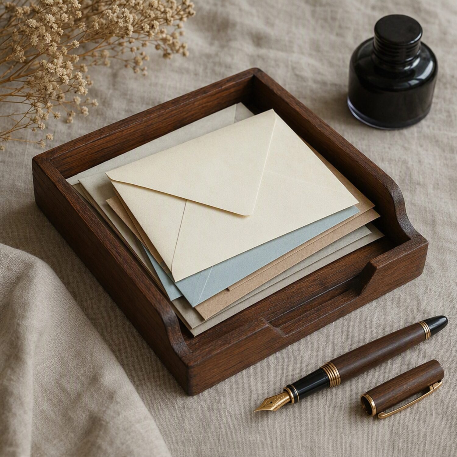 A letter tray with folded envelopes