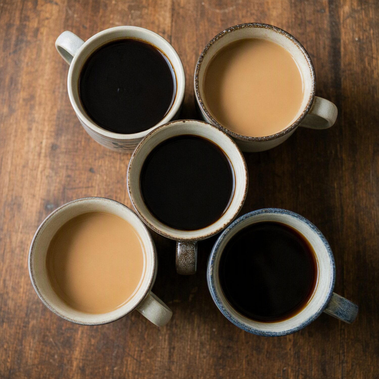 Five mugs grouped on a table