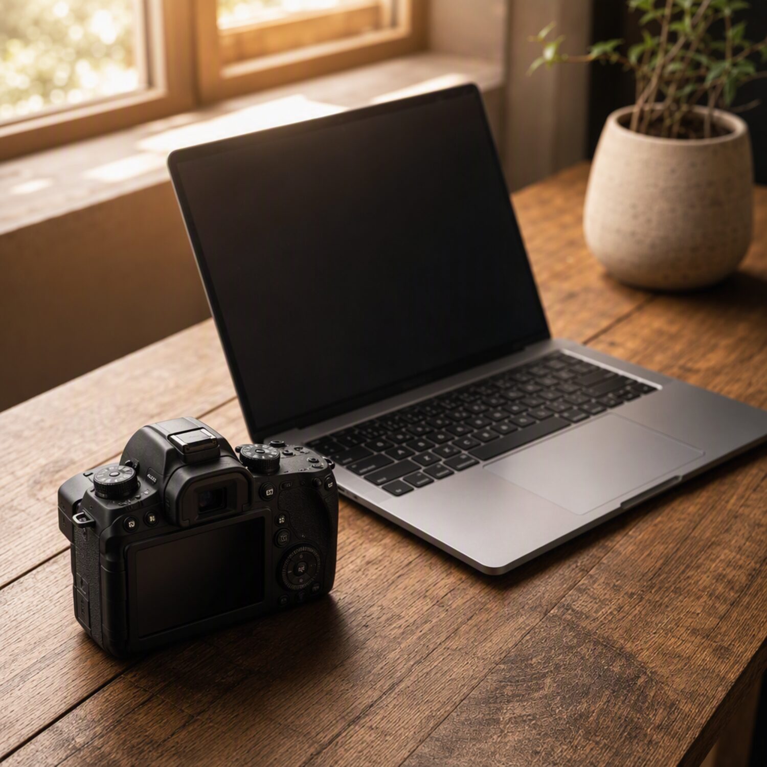 A camera beside a laptop on a desk