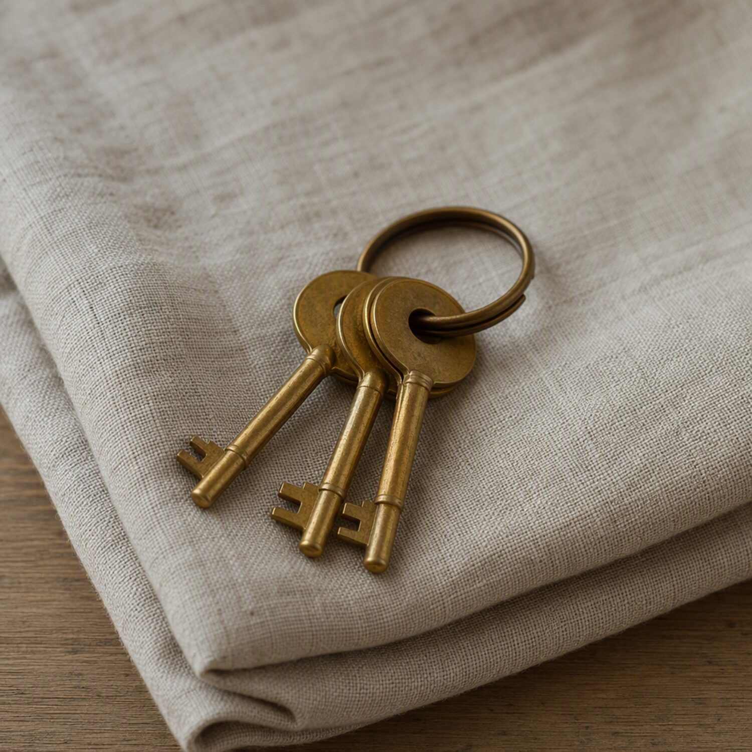 Three brass keys on folded linen