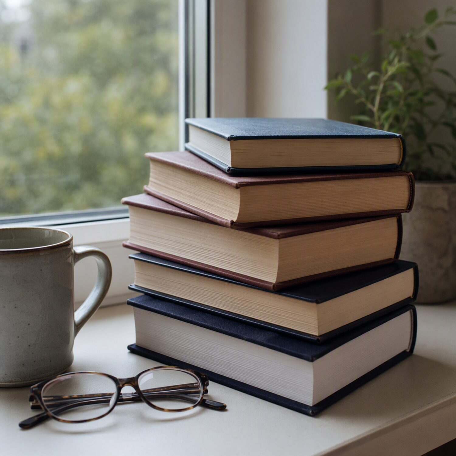 Stacked books on a windowsill