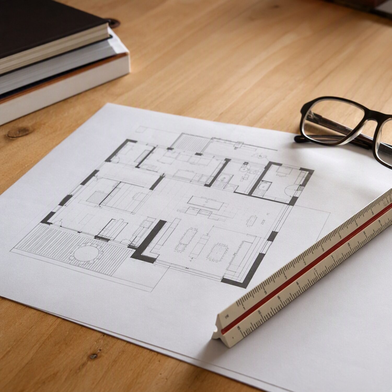 A printed floor plan and scale ruler
