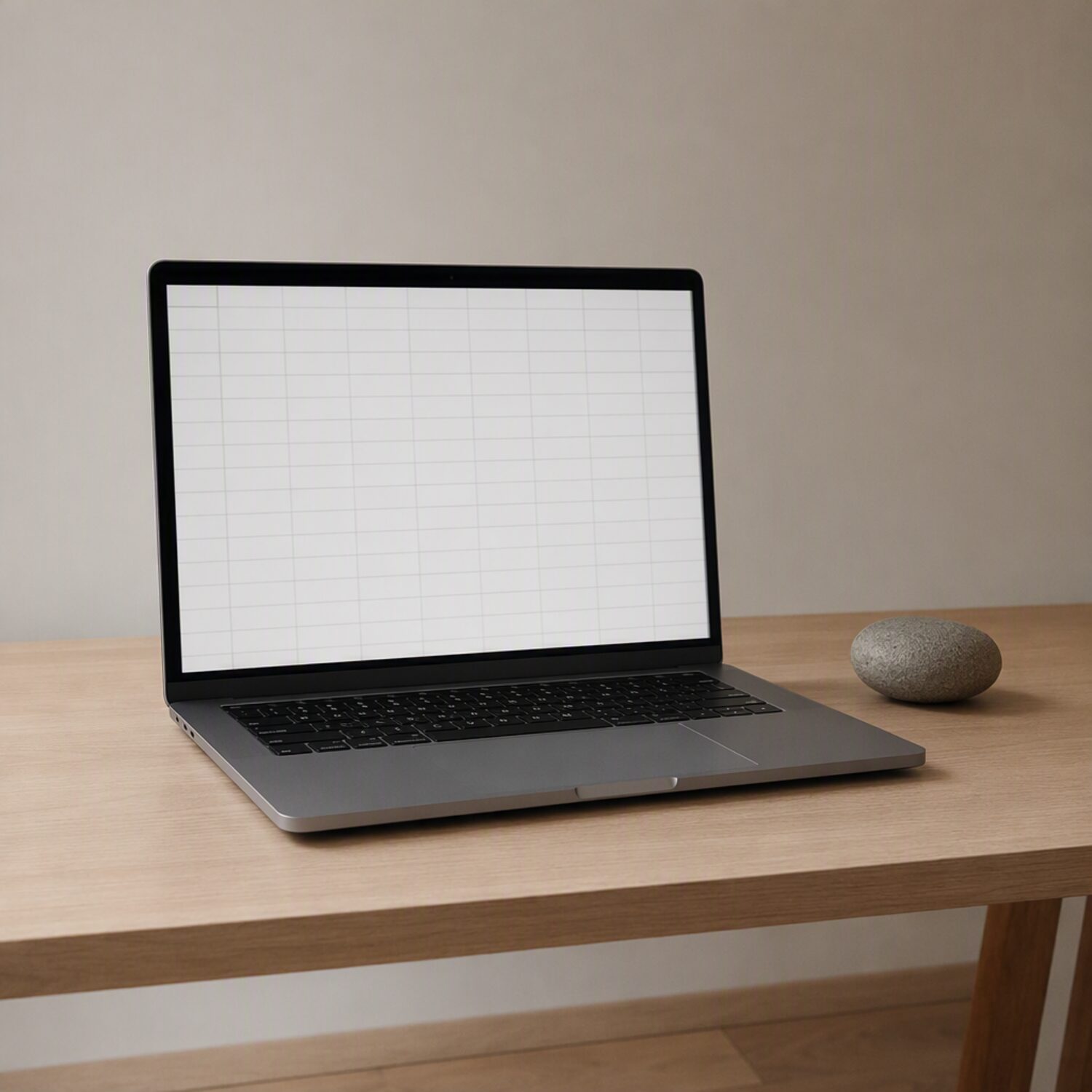 A laptop showing a blank grid interface