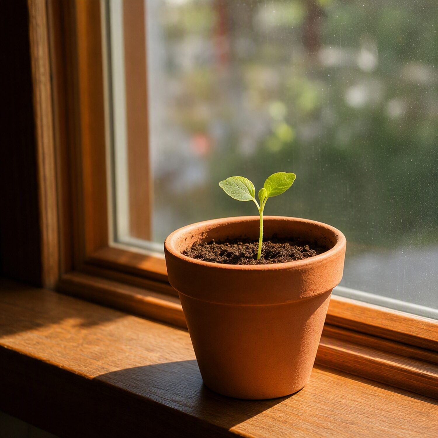 A seedling in a terracotta pot