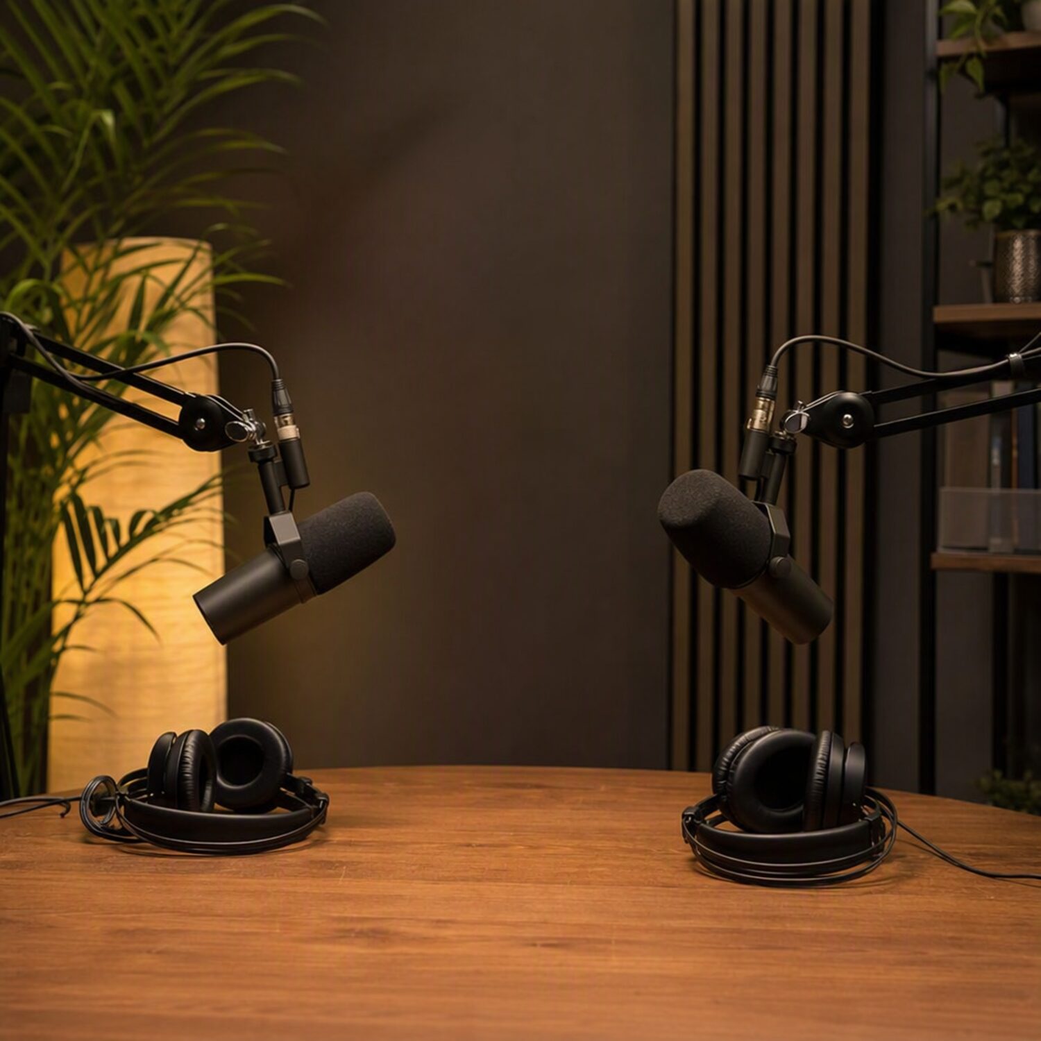 Two studio microphones on a table