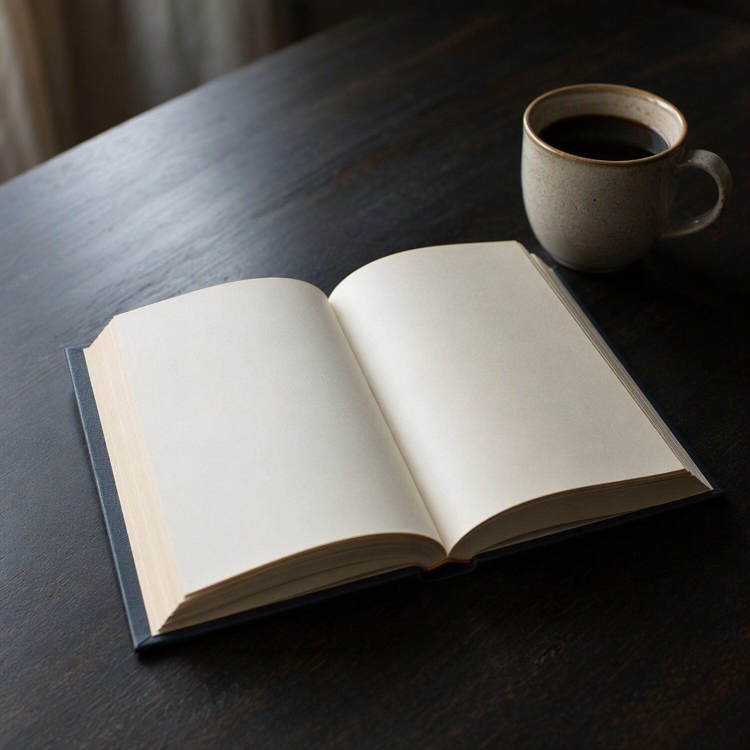An open book beside a cup of coffee