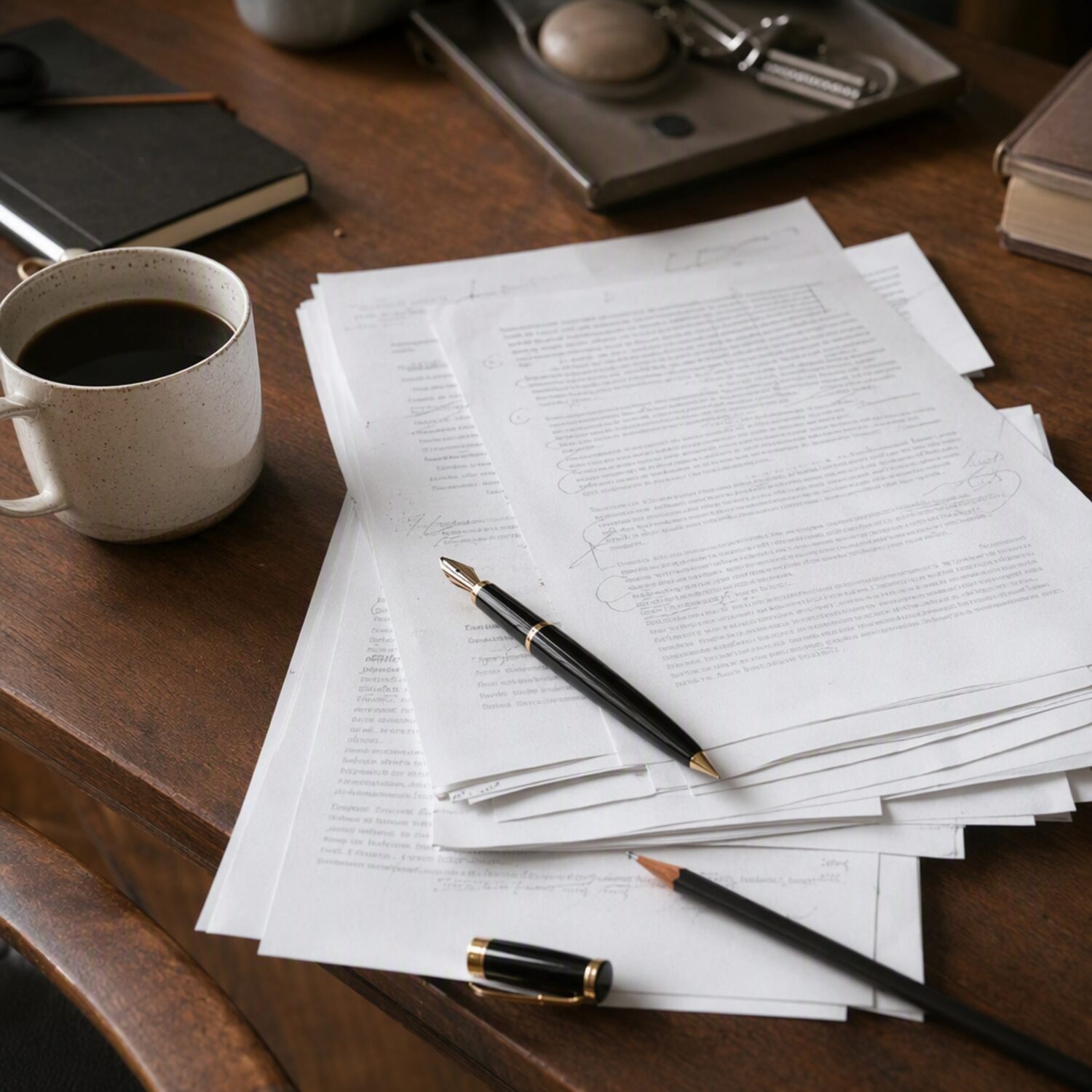 A fountain pen and marked drafts on a desk