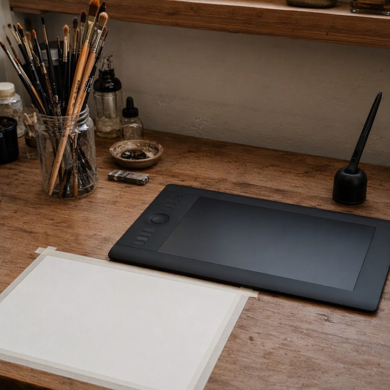 A graphics tablet and brushes on a desk