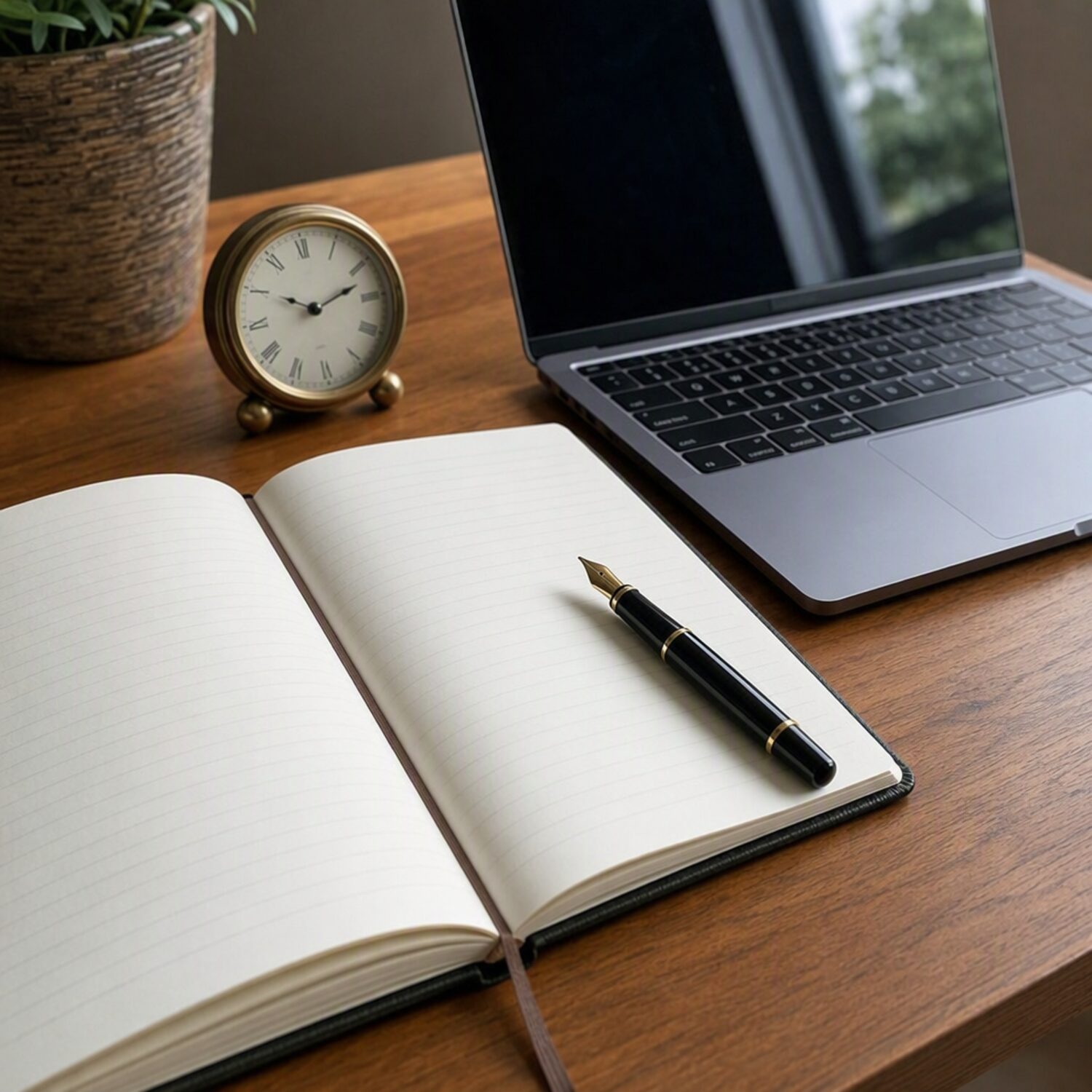 An open diary and clock beside a laptop