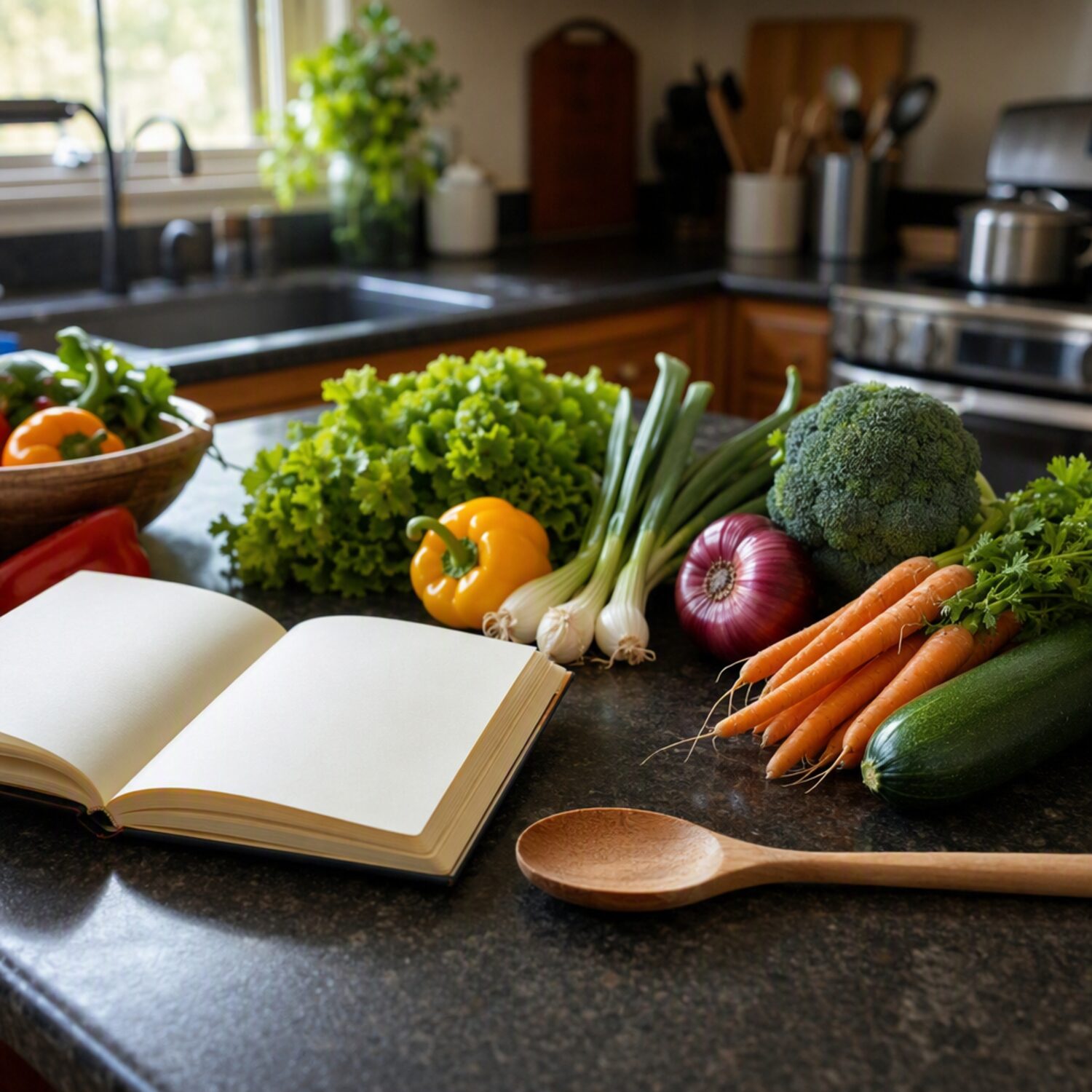A kitchen counter with vegetables and a notebook