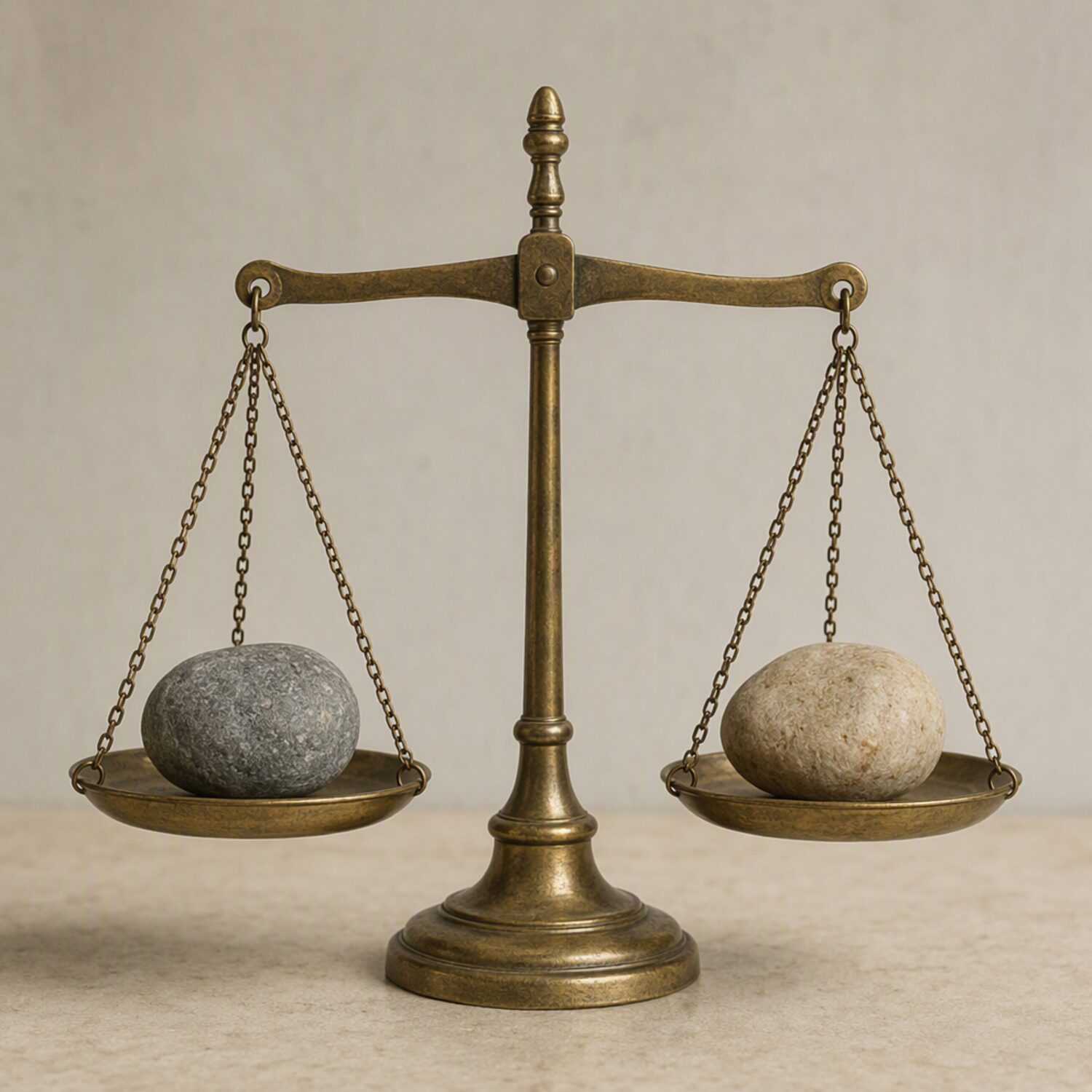 A balance scale with a stone in each pan