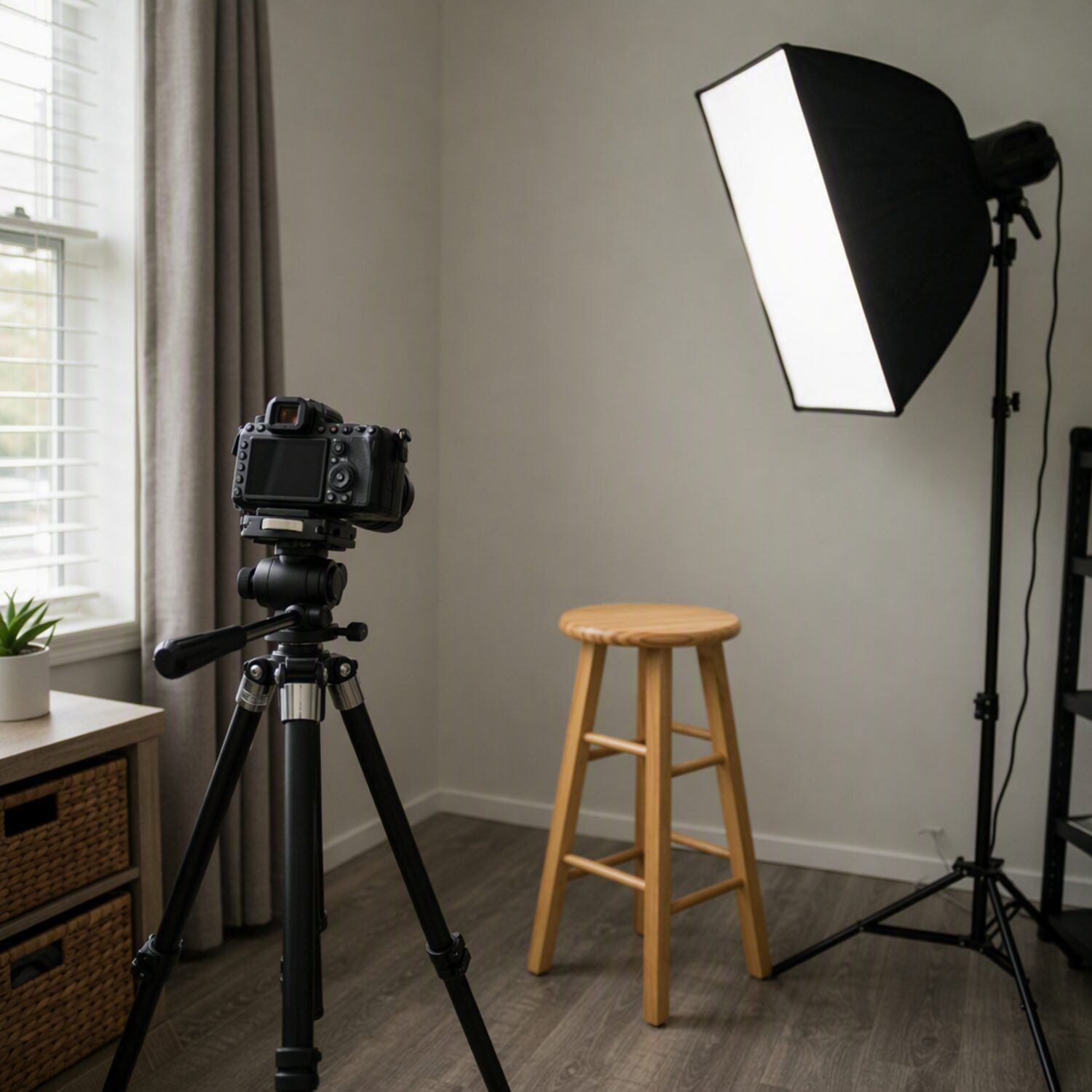A camera on a tripod in a home studio